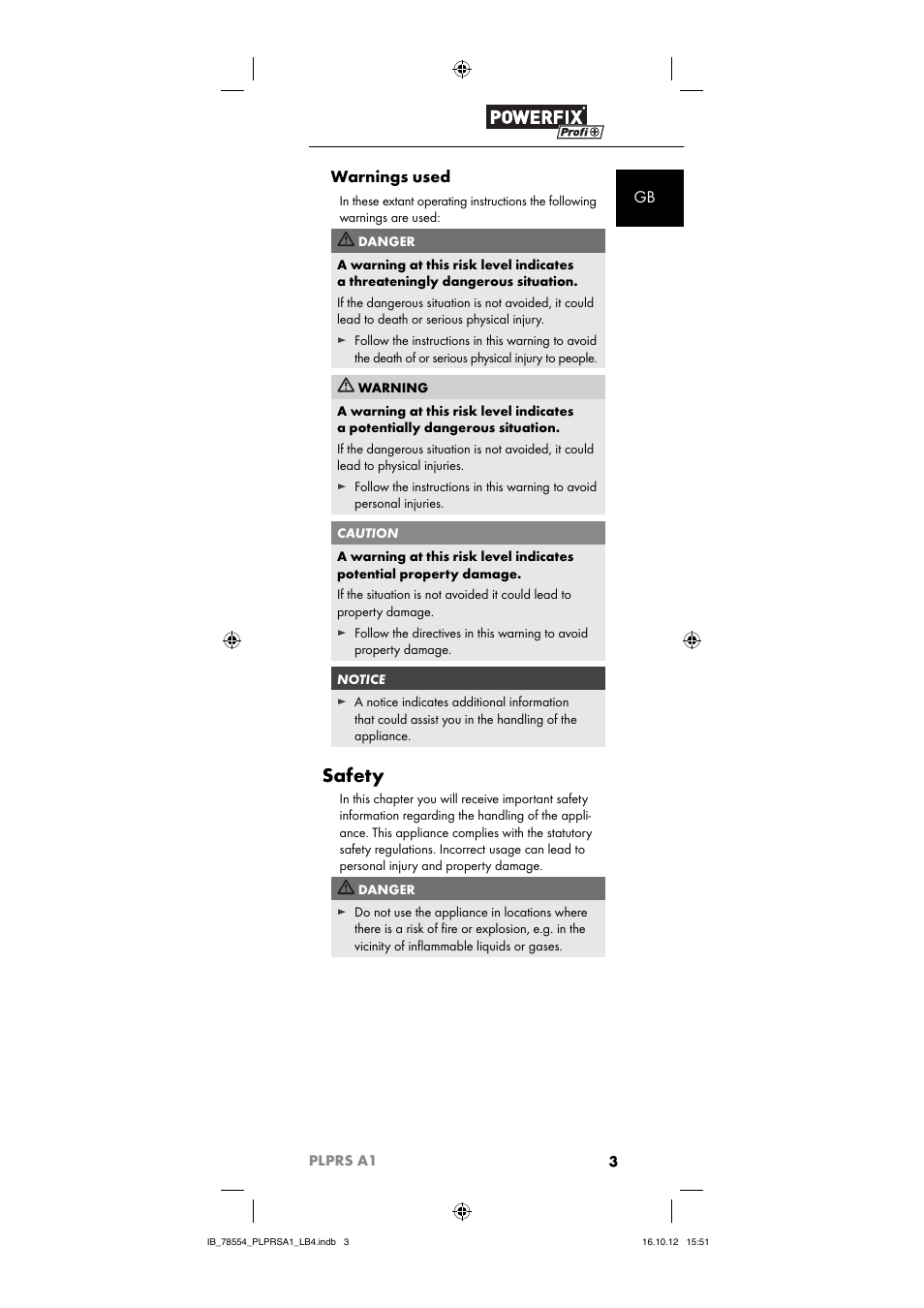 Safety, Gb warnings used | Powerfix PLPRS A1 User Manual | Page 6 / 64