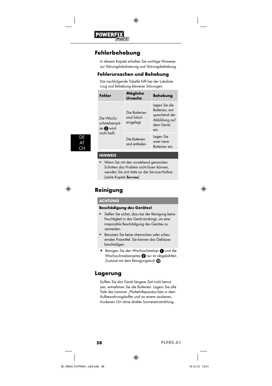 Fehlerbehebung, Reinigung, Lagerung | De at ch, Fehlerursachen und behebung | Powerfix PLPRS A1 User Manual | Page 61 / 64