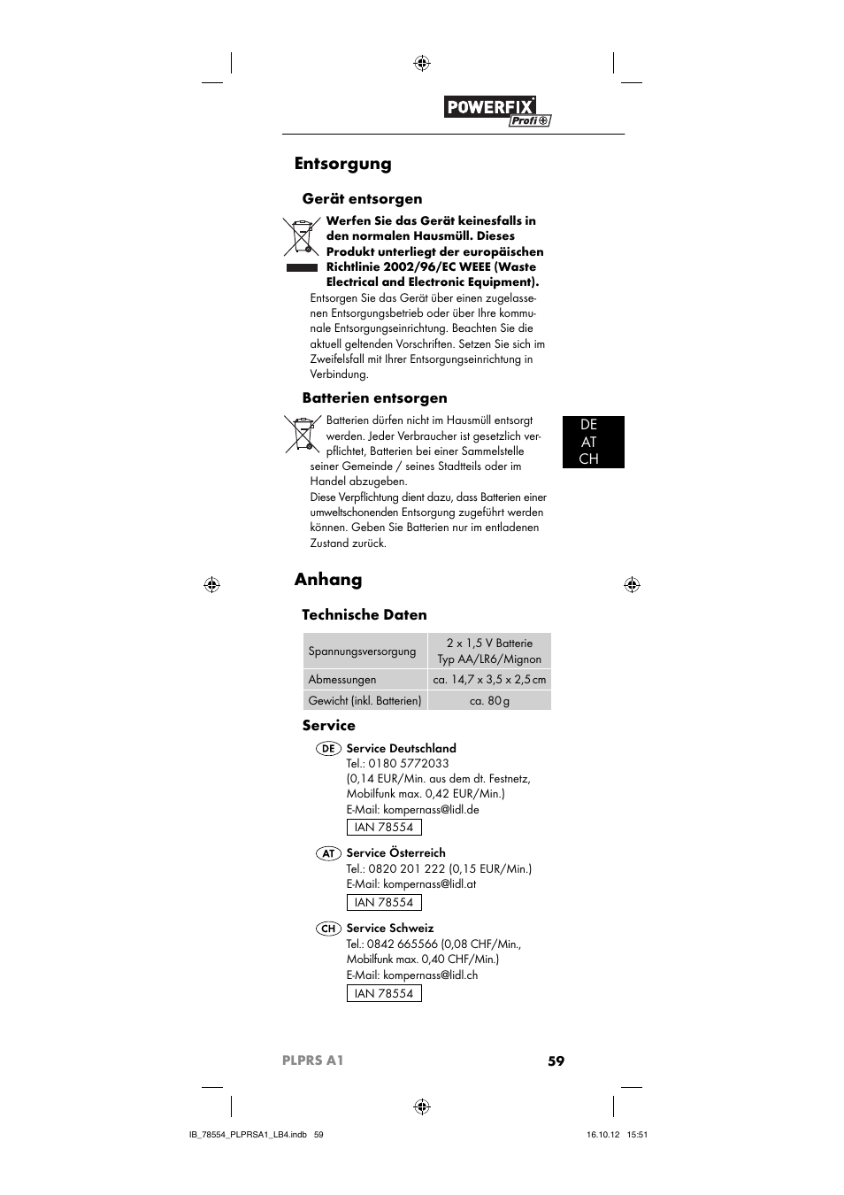 Entsorgung, Anhang, De at ch | Gerät entsorgen, Batterien entsorgen, Technische daten, Service | Powerfix PLPRS A1 User Manual | Page 62 / 64