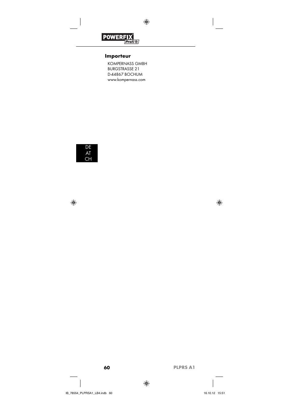 De at ch importeur, 60 plprs a1 | Powerfix PLPRS A1 User Manual | Page 63 / 64