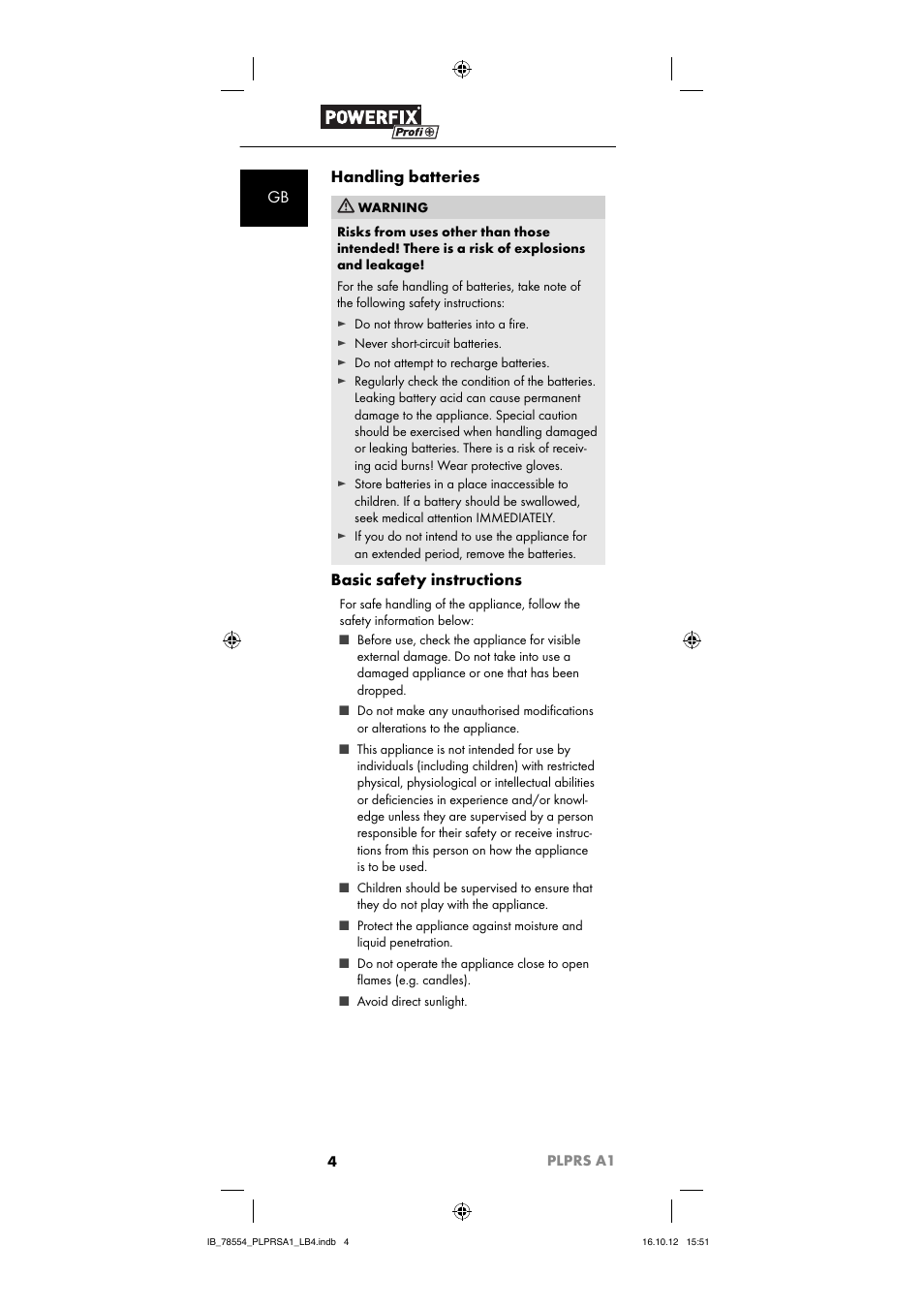 Gb handling batteries, Basic safety instructions | Powerfix PLPRS A1 User Manual | Page 7 / 64