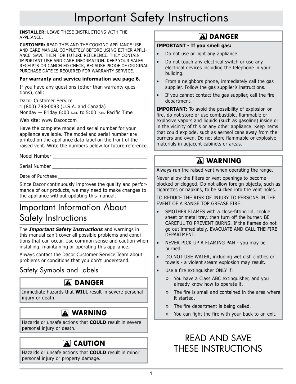 Important safety instructions, Important information about safety instructions, Read and save these instructions | Safety symbols and labels danger, Warning, Caution, Danger | Dacor PRV46 User Manual | Page 3 / 12