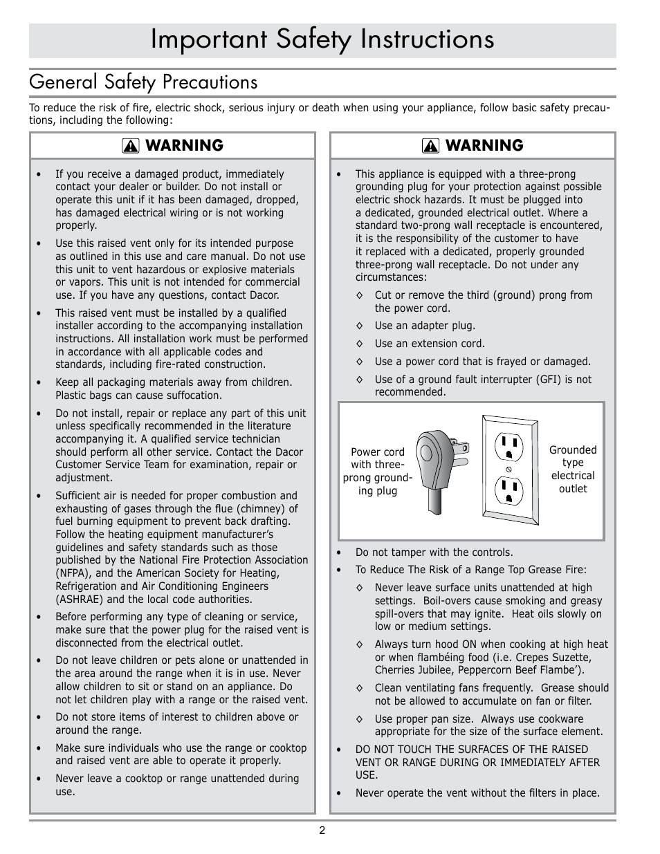 Important safety instructions, General safety precautions, Warning | Dacor PRV46 User Manual | Page 4 / 12