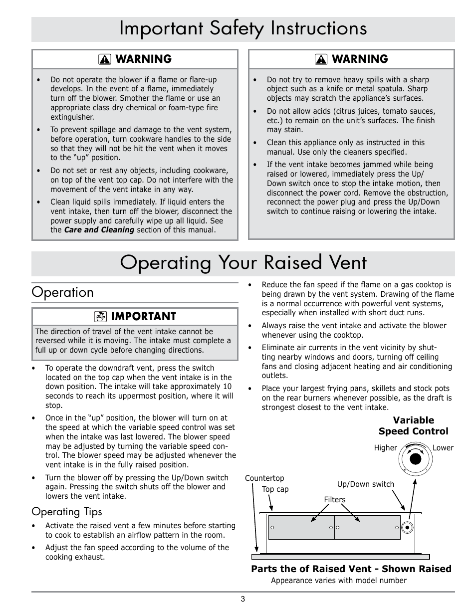 Important safety instructions, Operating your raised vent, Operation | Warning, Important, Operating tips | Dacor PRV46 User Manual | Page 5 / 12