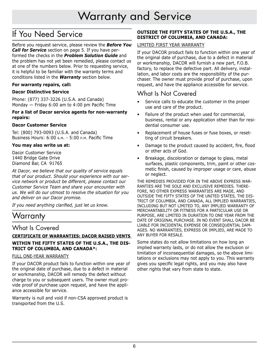 Warranty and service, If you need service, Warranty | What is covered, What is not covered | Dacor PRV46 User Manual | Page 8 / 12