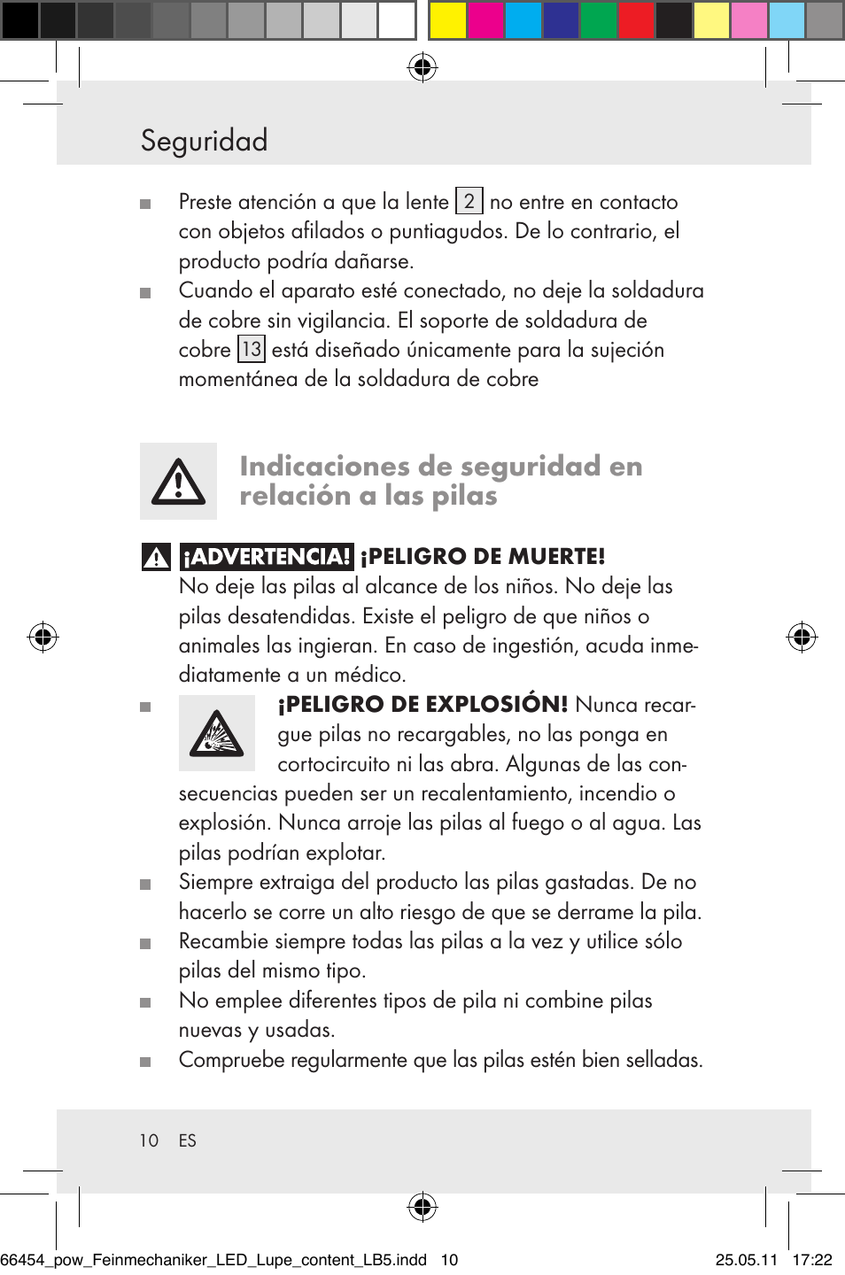 Seguridad, Indicaciones de seguridad en relación a las pilas | Powerfix Z30225 User Manual | Page 12 / 66