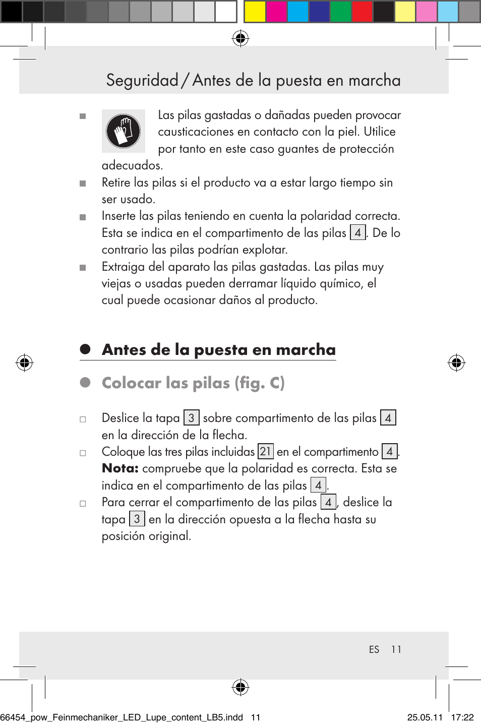 Seguridad / antes de la puesta en marcha, Antes de la puesta en marcha, Colocar las pilas (fig. c) | Powerfix Z30225 User Manual | Page 13 / 66