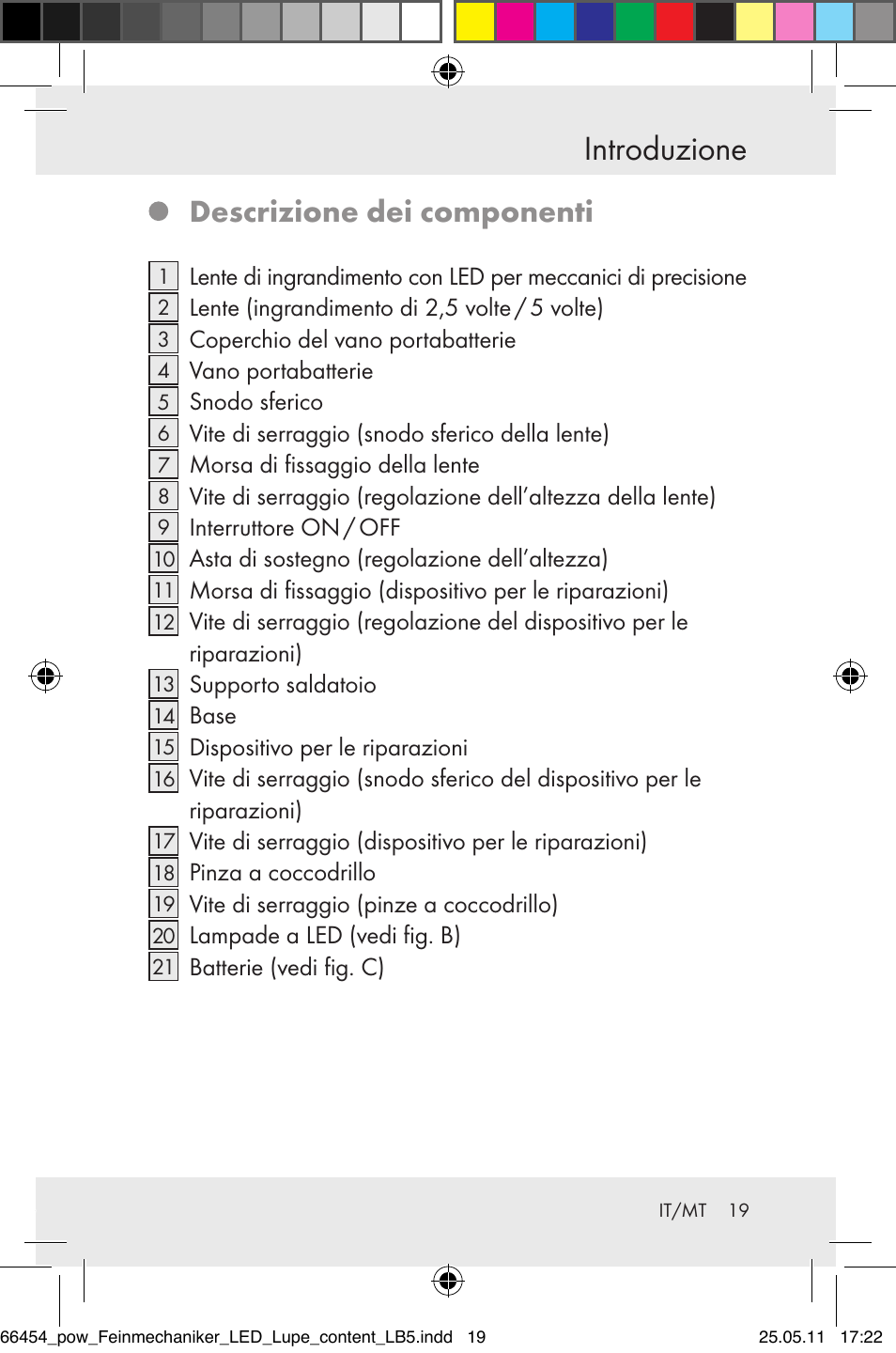 Introduzione, Descrizione dei componenti | Powerfix Z30225 User Manual | Page 21 / 66