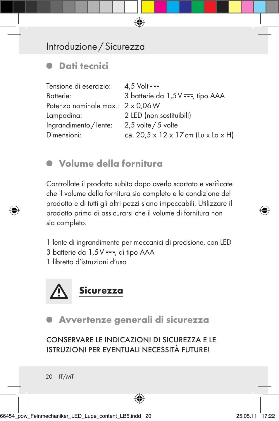 Introduzione / sicurezza, Dati tecnici, Volume della fornitura | Sicurezza, Avvertenze generali di sicurezza | Powerfix Z30225 User Manual | Page 22 / 66