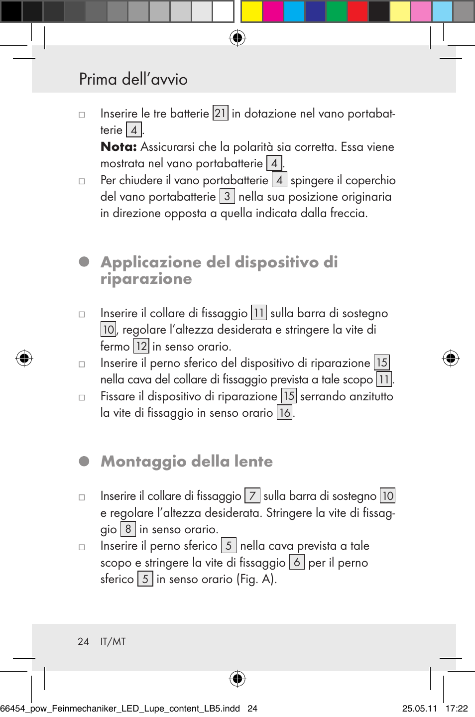 Prima dell’avvio, Applicazione del dispositivo di riparazione, Montaggio della lente | Powerfix Z30225 User Manual | Page 26 / 66