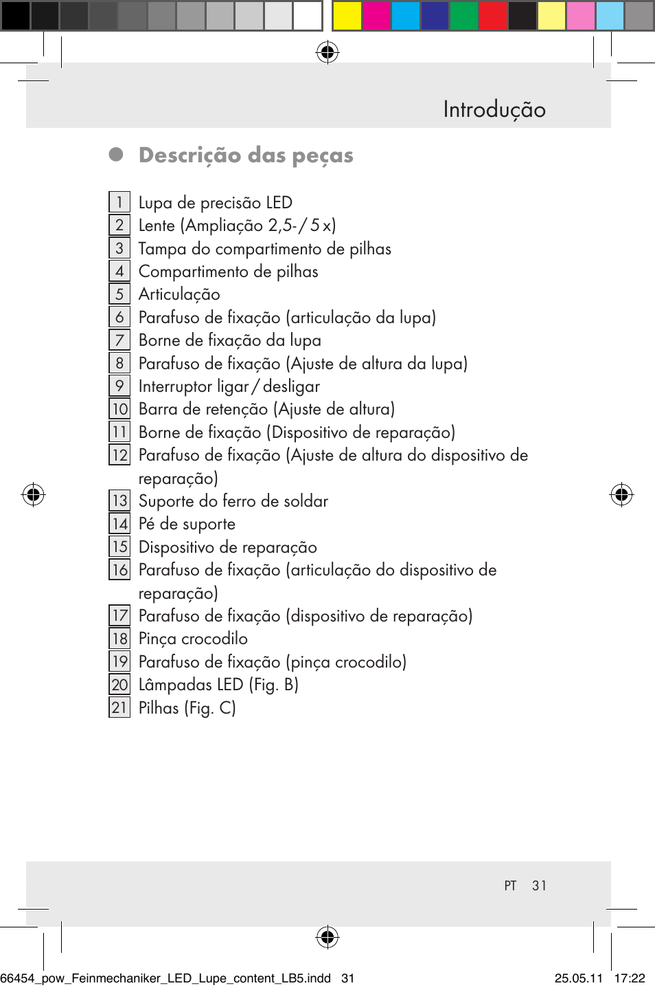 Introdução, Descrição das peças | Powerfix Z30225 User Manual | Page 33 / 66