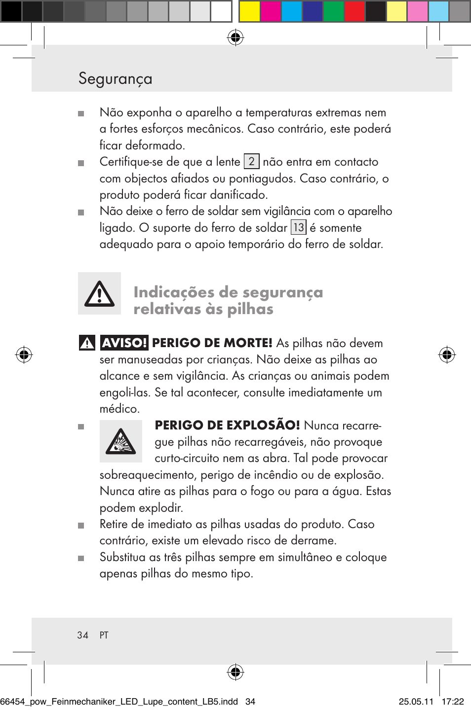 Segurança, Indicações de segurança relativas às pilhas | Powerfix Z30225 User Manual | Page 36 / 66