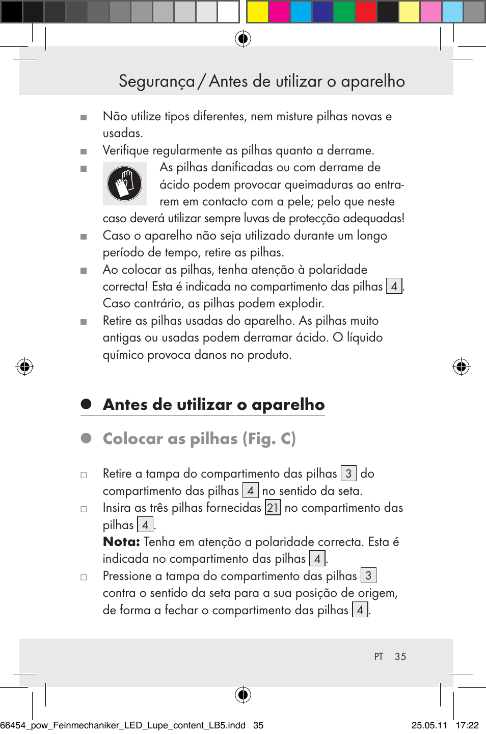 Segurança / antes de utilizar o aparelho, Antes de utilizar o aparelho, Colocar as pilhas (fig. c) | Powerfix Z30225 User Manual | Page 37 / 66