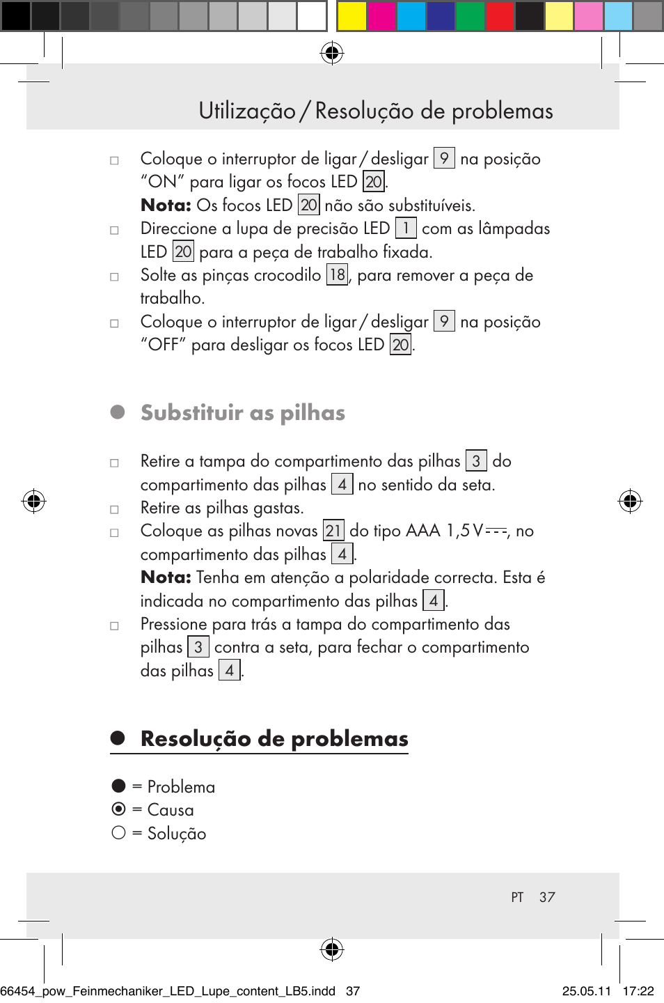 Utilização / resolução de problemas, Substituir as pilhas, Resolução de problemas | Powerfix Z30225 User Manual | Page 39 / 66