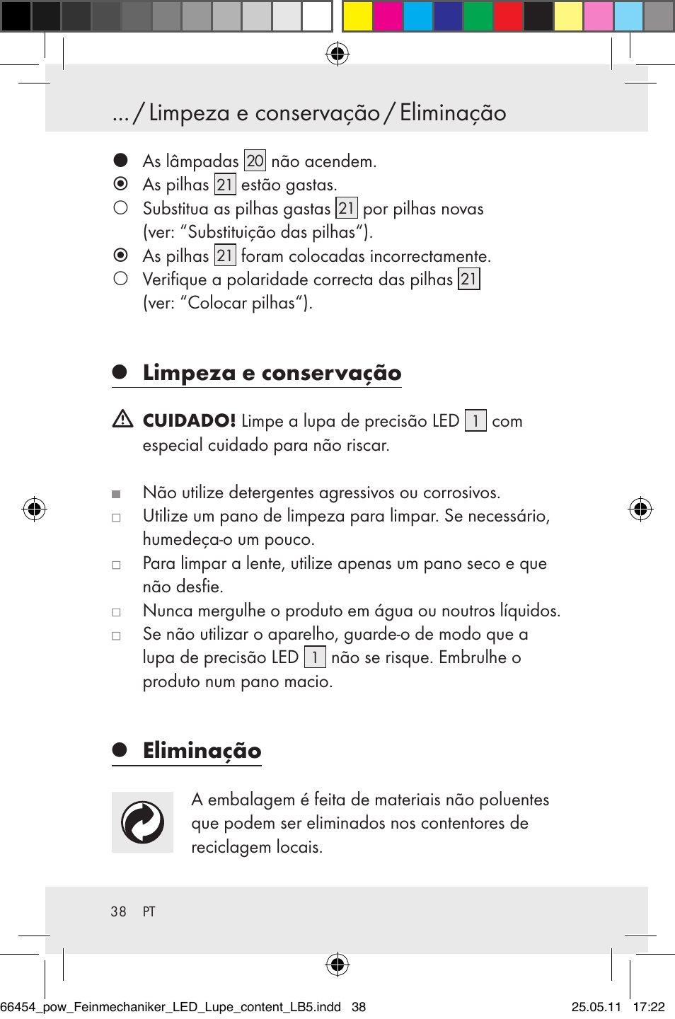 Limpeza e conservação / eliminação, Limpeza e conservação, Eliminação | Powerfix Z30225 User Manual | Page 40 / 66