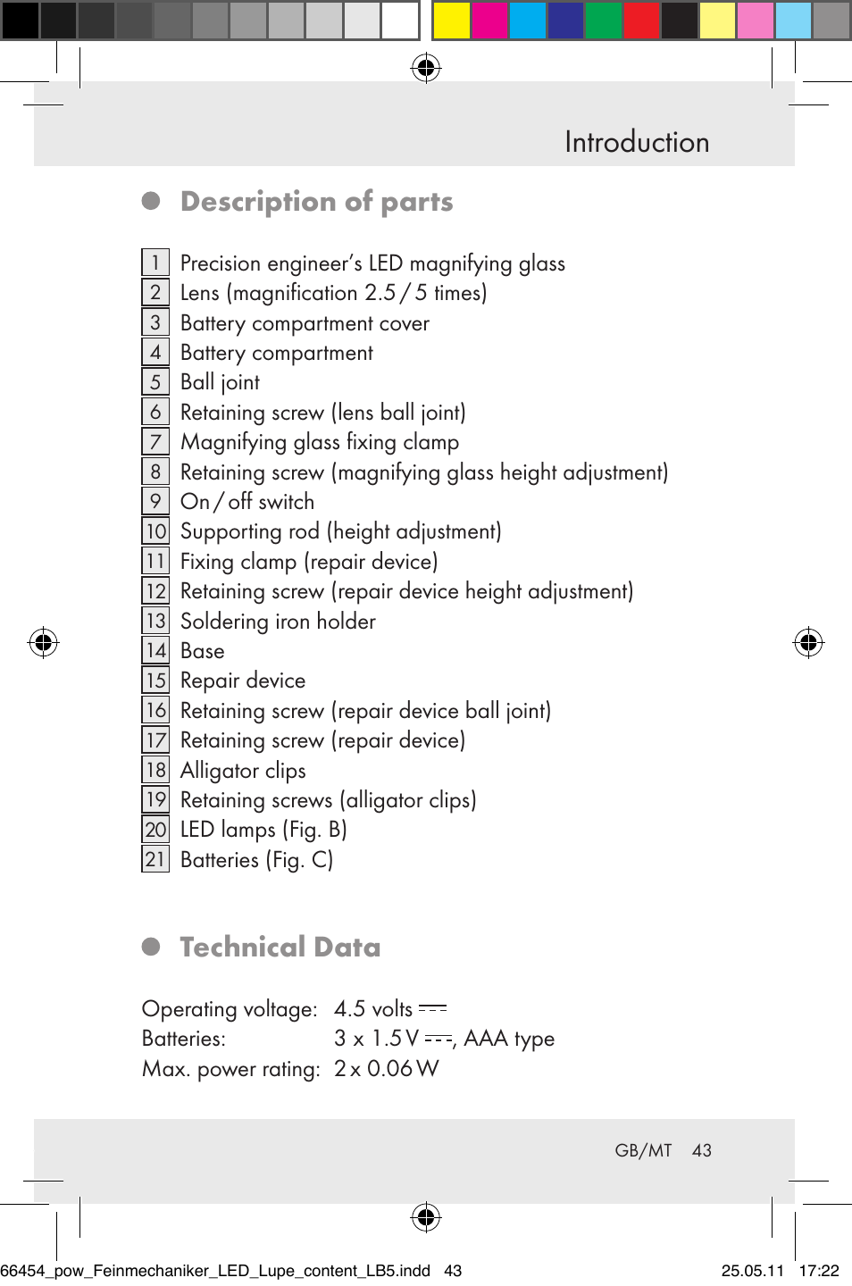 Introduction, Description of parts, Technical data | Powerfix Z30225 User Manual | Page 45 / 66