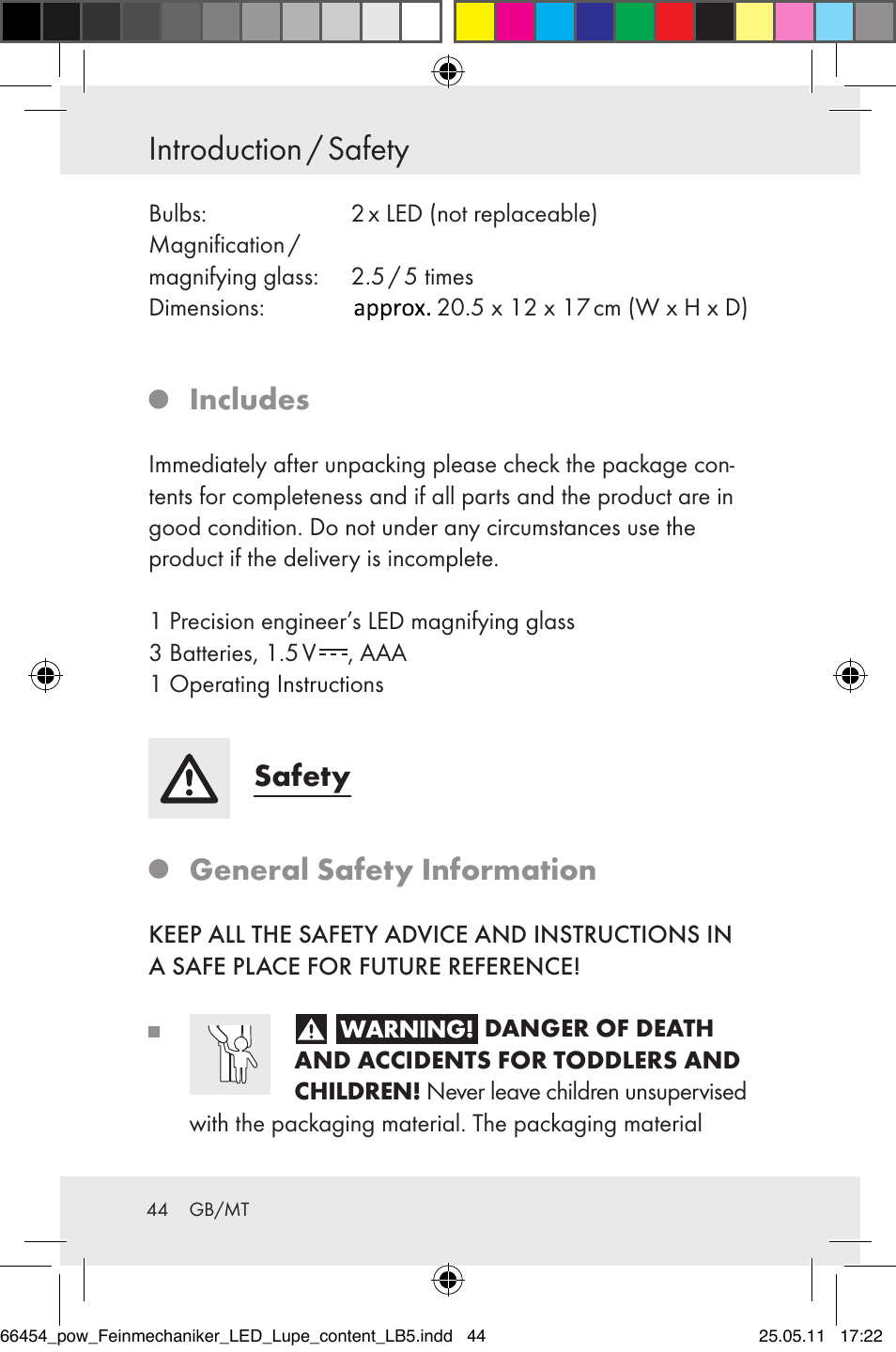 Introduction / safety, Includes, Safety | General safety information | Powerfix Z30225 User Manual | Page 46 / 66