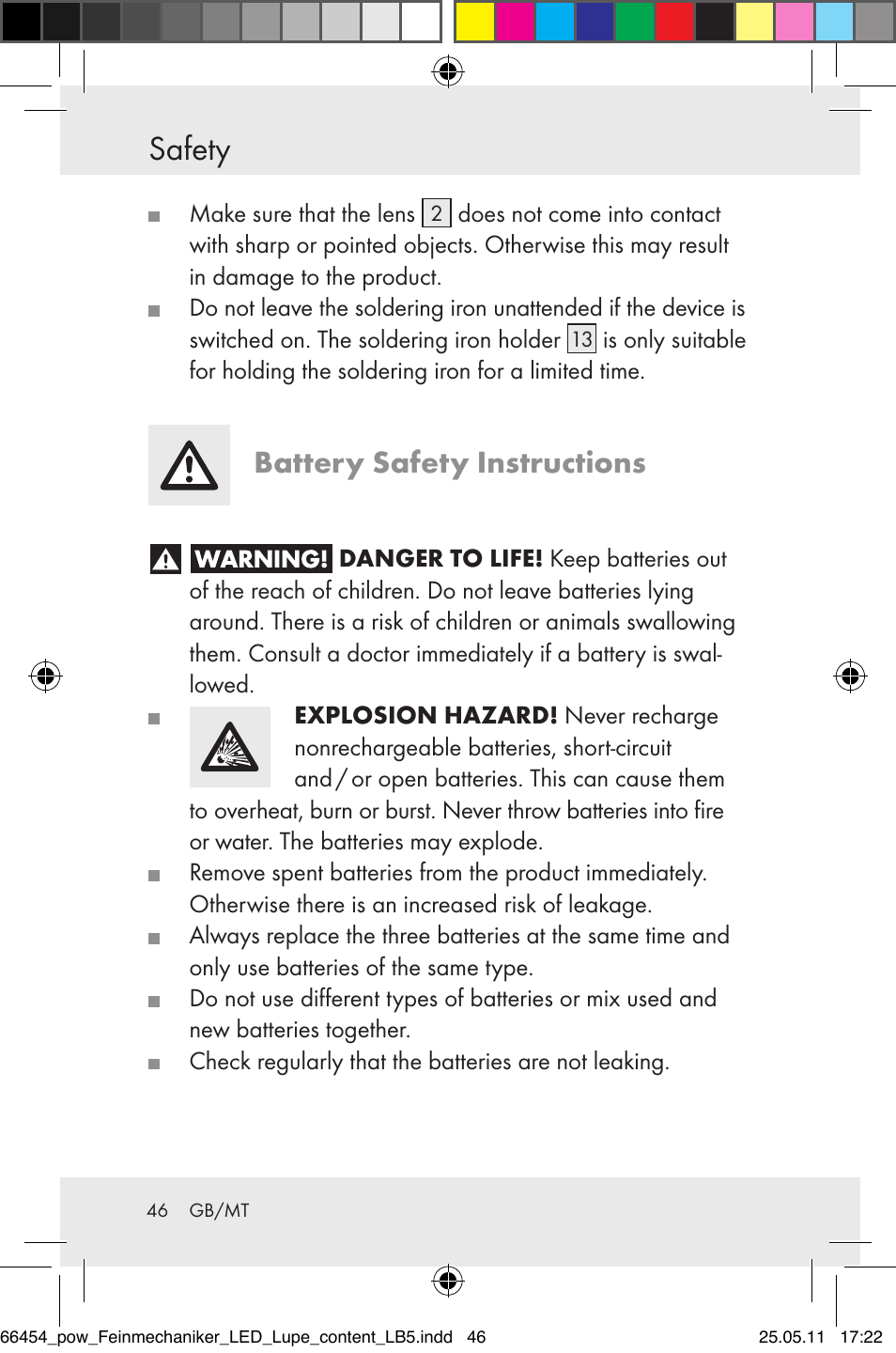 Safety, Battery safety instructions | Powerfix Z30225 User Manual | Page 48 / 66