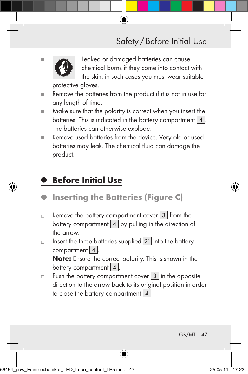 Safety / before initial use, Before initial use, Inserting the batteries (figure c) | Powerfix Z30225 User Manual | Page 49 / 66