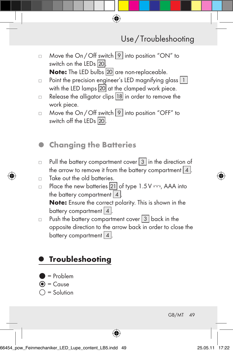 Use / troubleshooting, Changing the batteries, Troubleshooting | Powerfix Z30225 User Manual | Page 51 / 66