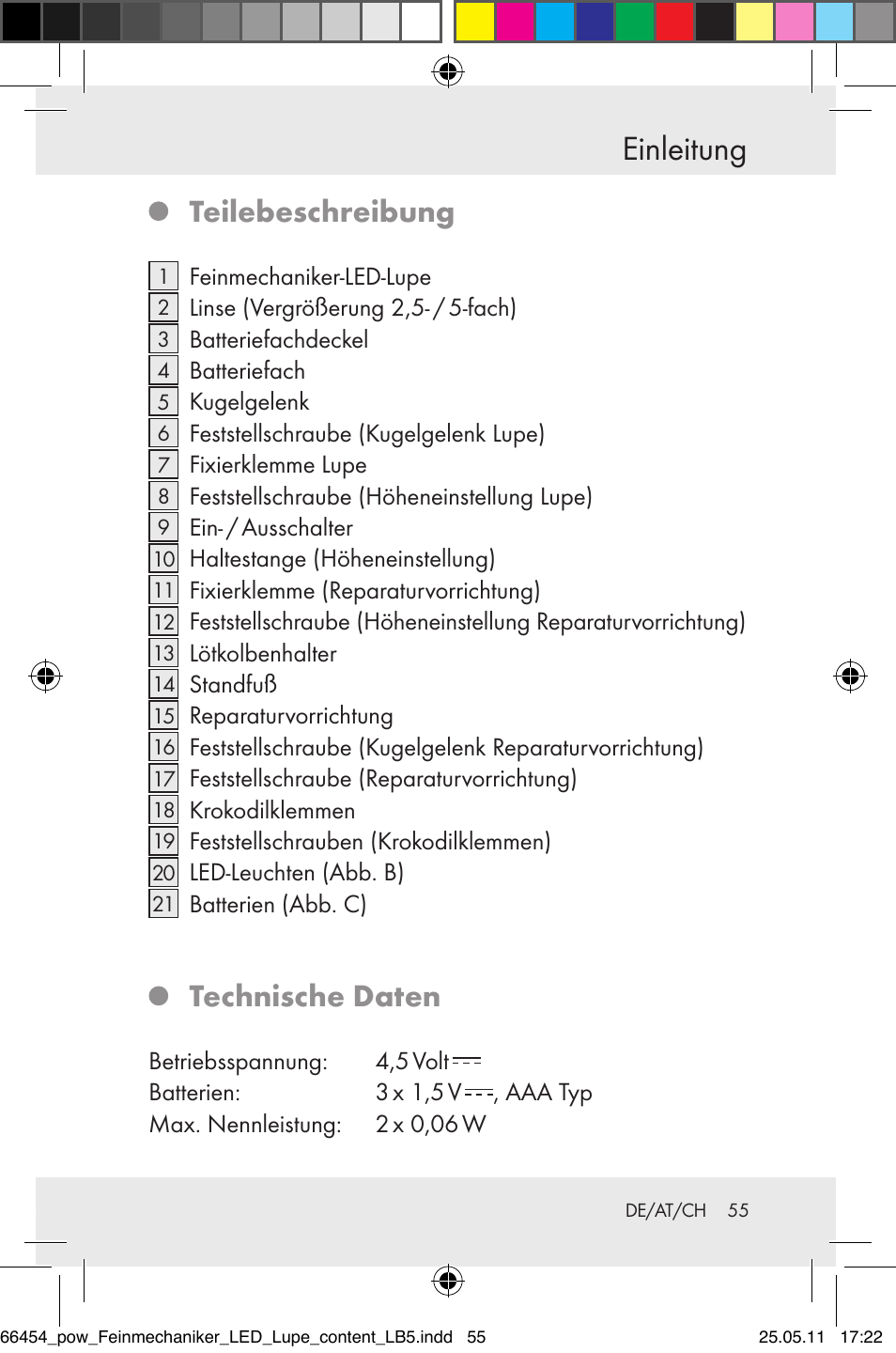 Einleitung, Teilebeschreibung, Technische daten | Powerfix Z30225 User Manual | Page 57 / 66