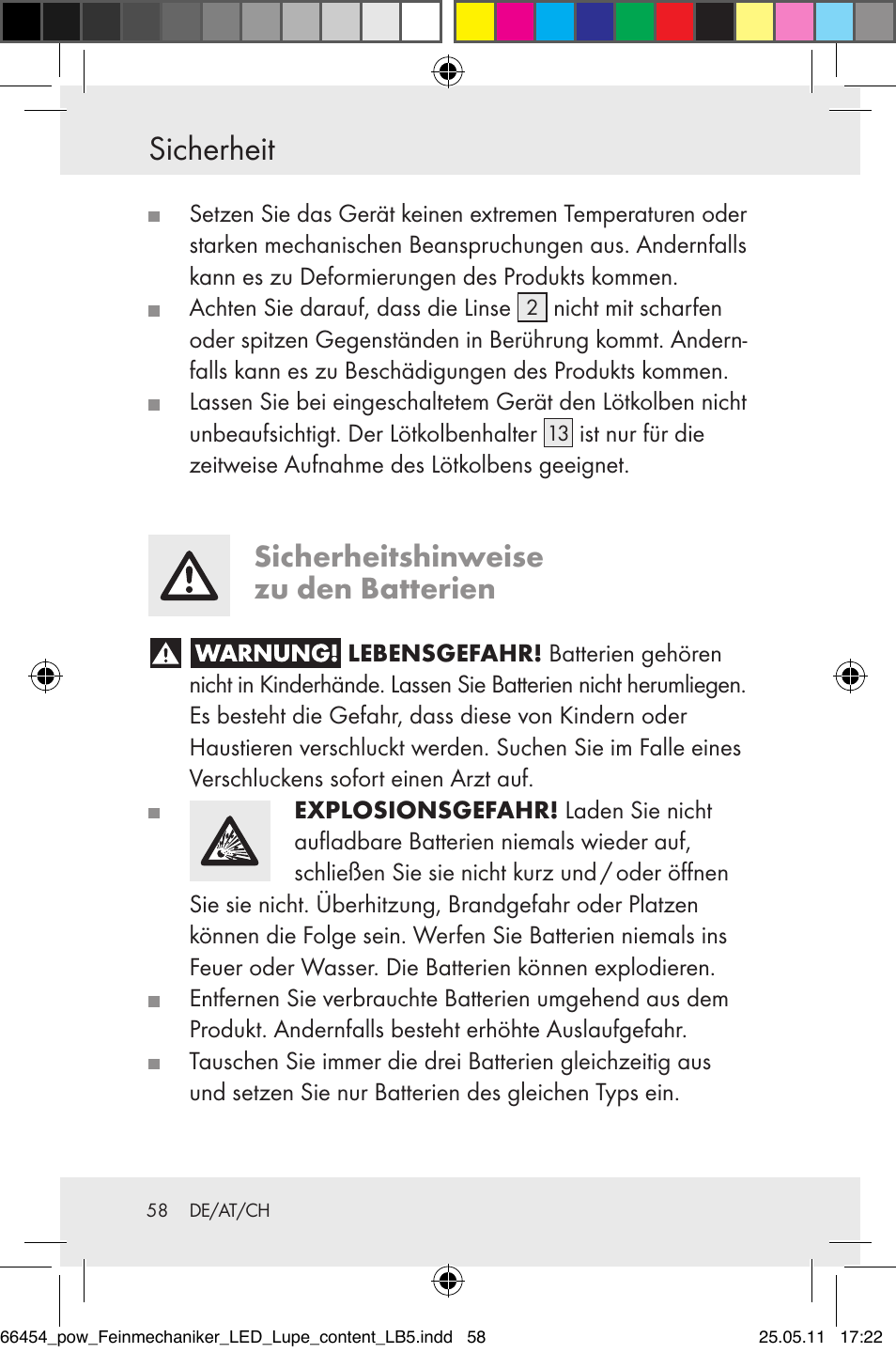 Sicherheit, Sicherheitshinweise zu den batterien | Powerfix Z30225 User Manual | Page 60 / 66