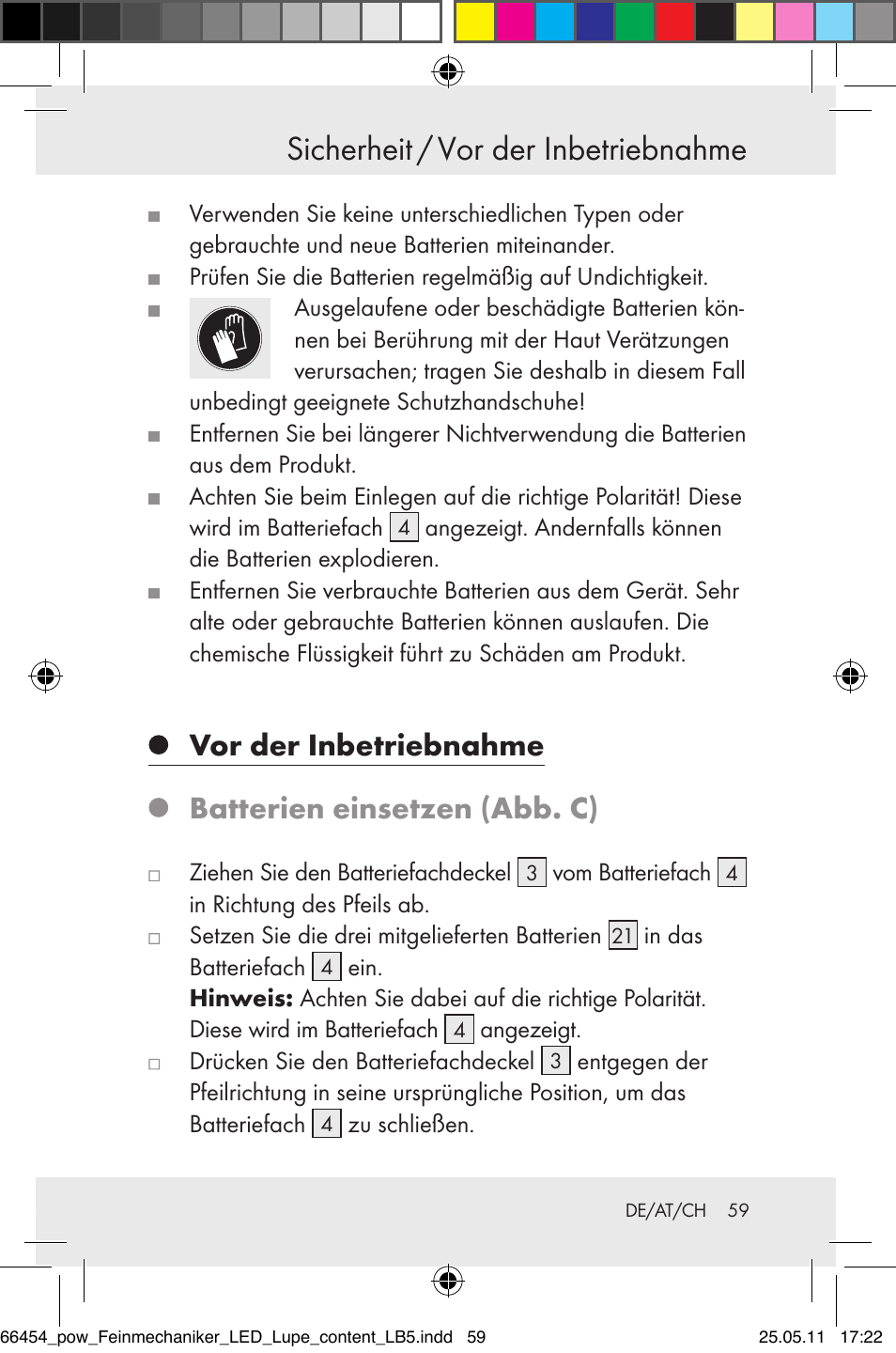 Sicherheit / vor der inbetriebnahme, Vor der inbetriebnahme, Batterien einsetzen (abb. c) | Powerfix Z30225 User Manual | Page 61 / 66