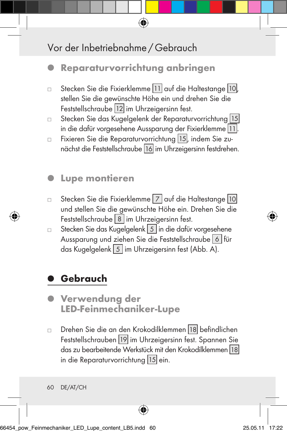 Vor der inbetriebnahme / gebrauch, Reparaturvorrichtung anbringen, Lupe montieren | Gebrauch, Verwendung der led-feinmechaniker-lupe | Powerfix Z30225 User Manual | Page 62 / 66