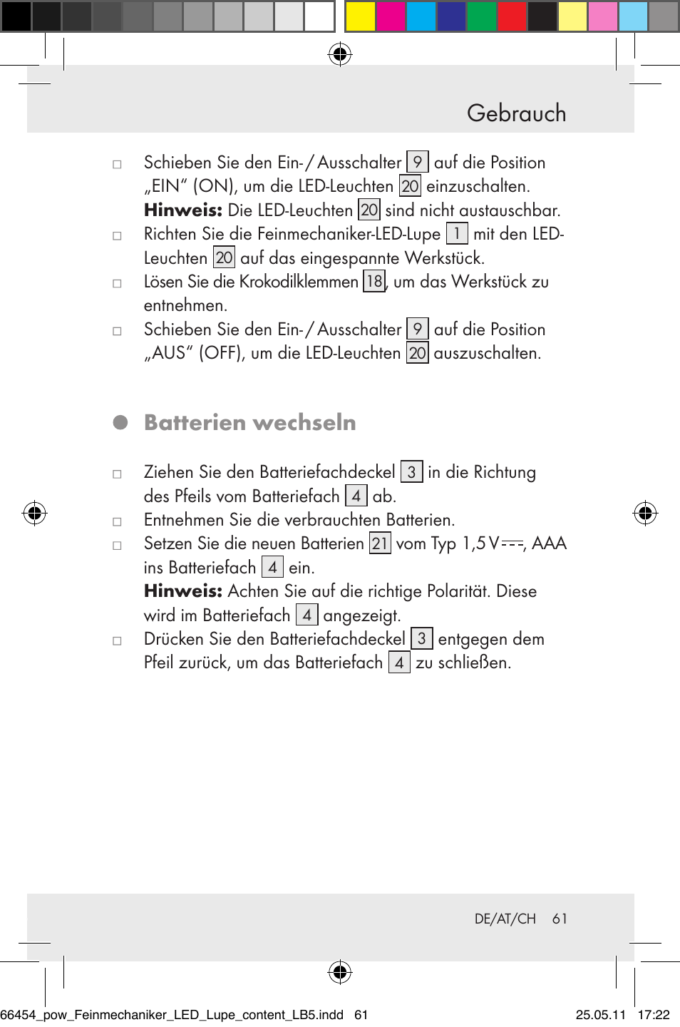 Gebrauch, Batterien wechseln | Powerfix Z30225 User Manual | Page 63 / 66