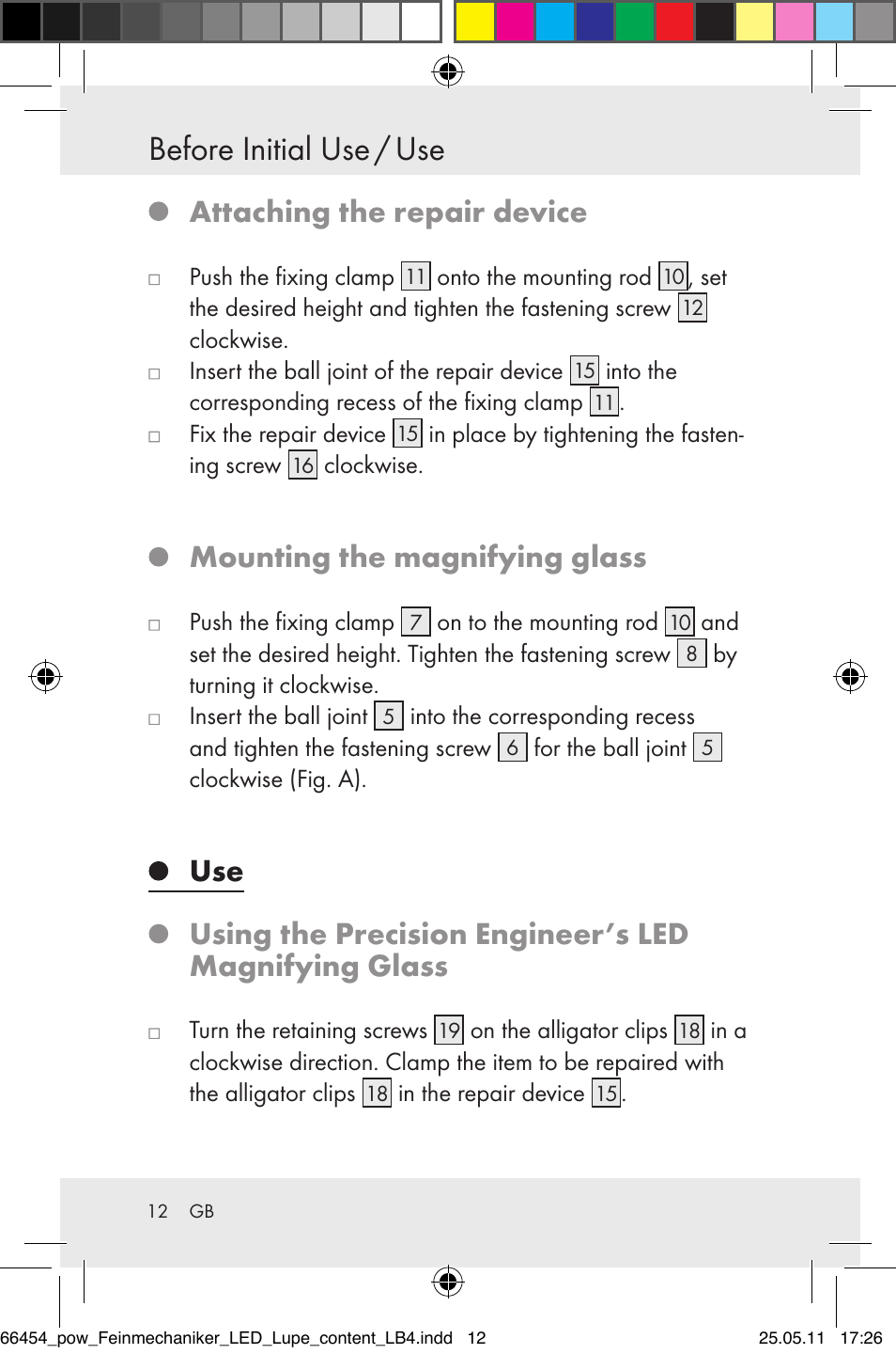 Before initial use / use, Attaching the repair device, Mounting the magnifying glass | Powerfix Z30225 User Manual | Page 14 / 92