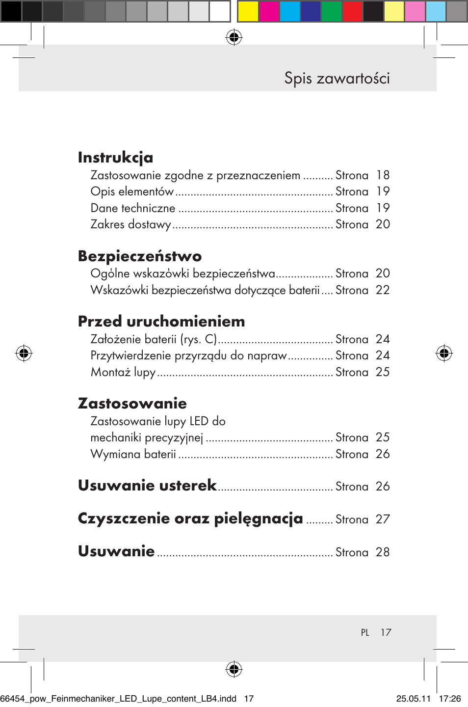 Spis zawartości, Instrukcja, Bezpieczeństwo | Przed uruchomieniem, Zastosowanie, Usuwanie usterek, Czyszczenie oraz pielęgnacja, Usuwanie | Powerfix Z30225 User Manual | Page 19 / 92