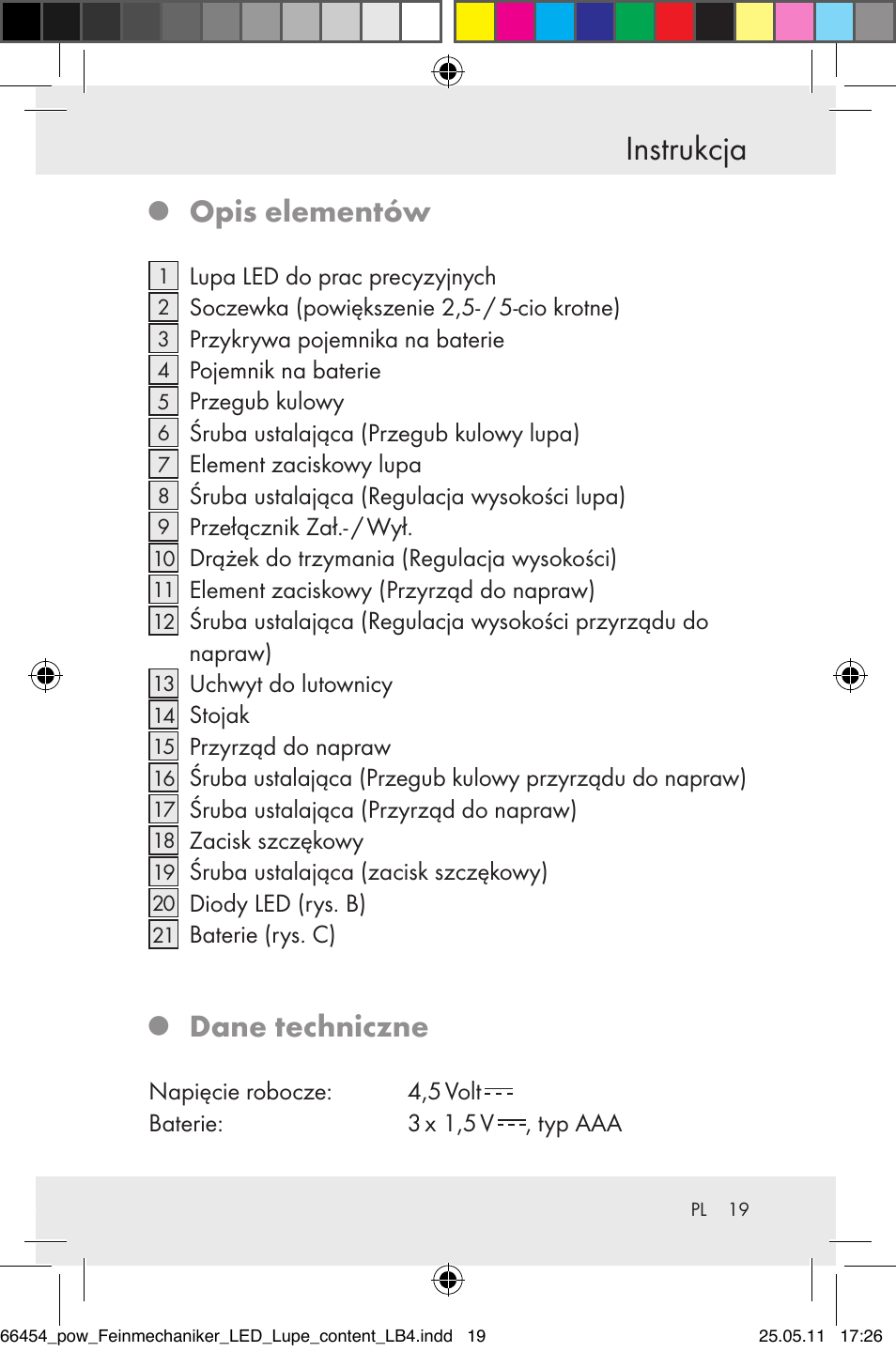 Instrukcja, Opis elementów, Dane techniczne | Powerfix Z30225 User Manual | Page 21 / 92