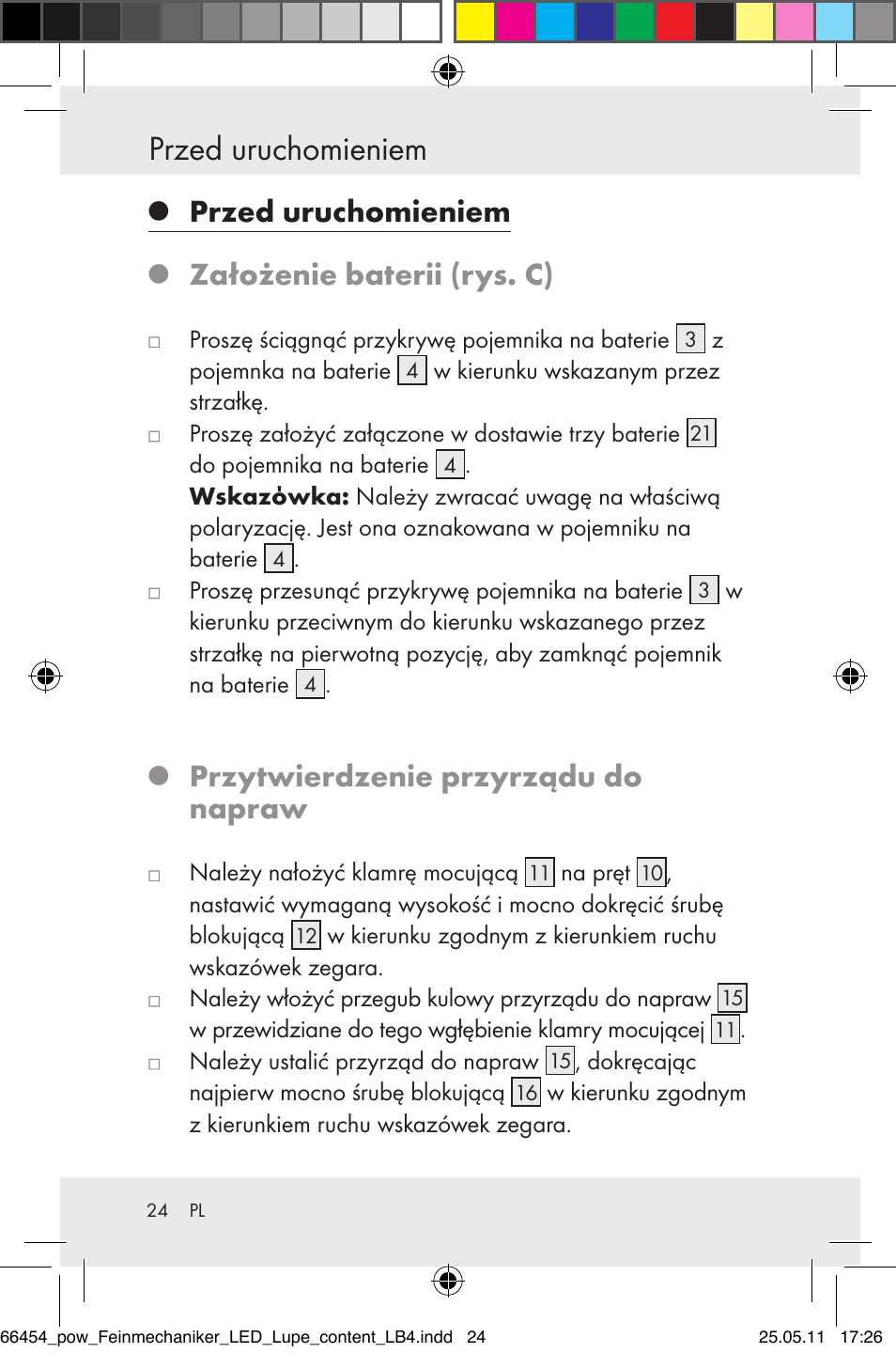 Przed uruchomieniem, Założenie baterii (rys. c), Przytwierdzenie przyrządu do napraw | Powerfix Z30225 User Manual | Page 26 / 92