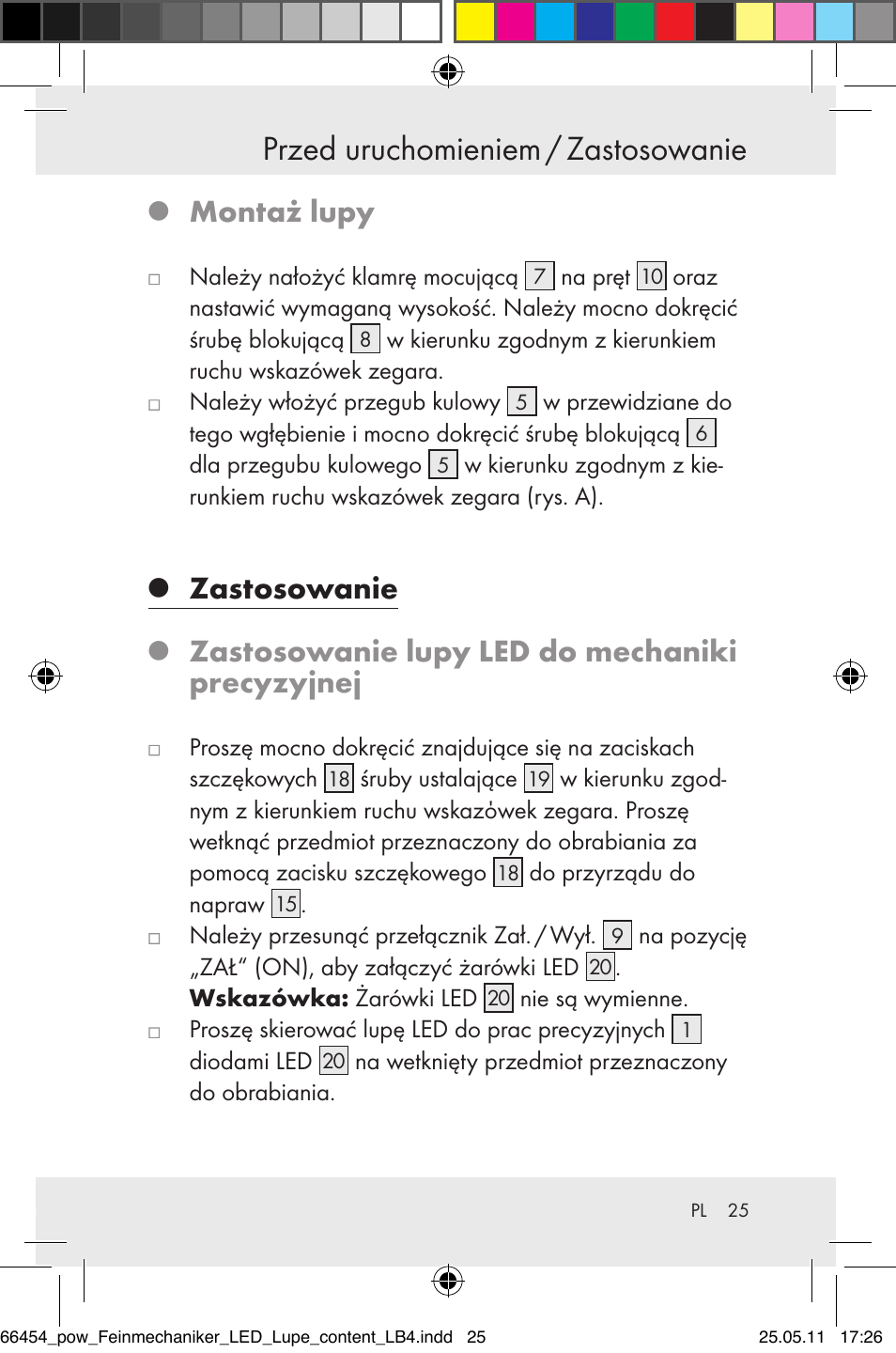 Przed uruchomieniem / zastosowanie, Montaż lupy, Zastosowanie | Zastosowanie lupy led do mechaniki precyzyjnej | Powerfix Z30225 User Manual | Page 27 / 92