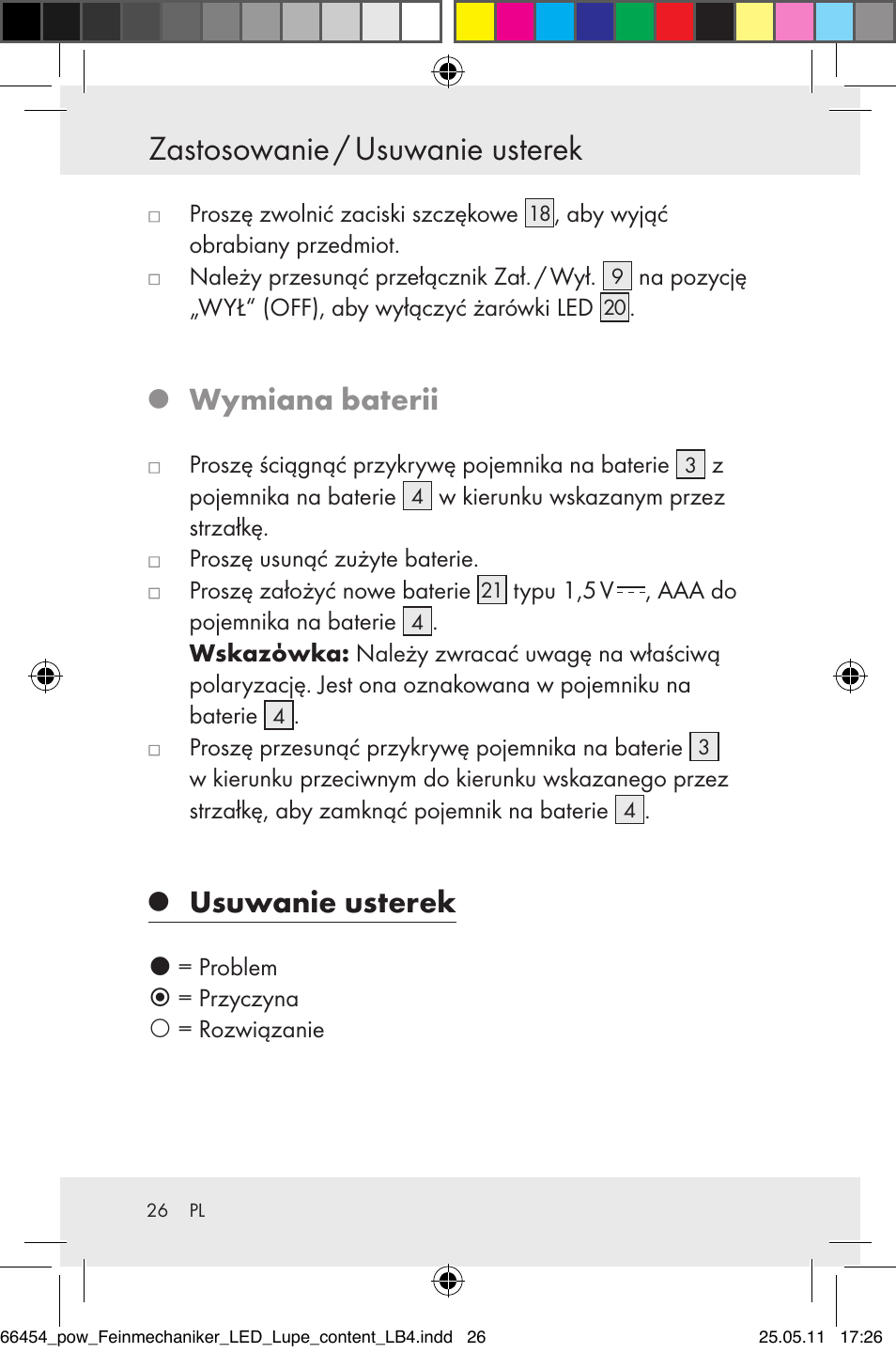 Zastosowanie / usuwanie usterek, Wymiana baterii, Usuwanie usterek | Powerfix Z30225 User Manual | Page 28 / 92
