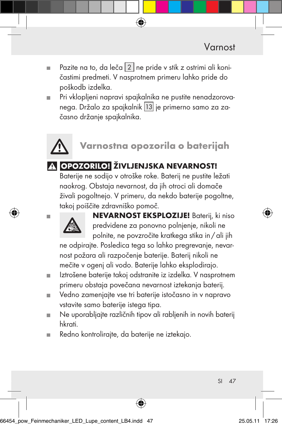 Varnost, Varnostna opozorila o baterijah | Powerfix Z30225 User Manual | Page 49 / 92