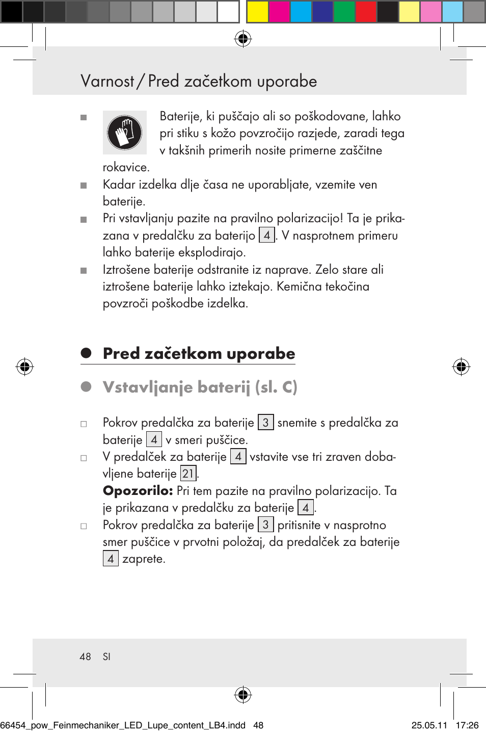 Varnost / pred začetkom uporabe, Pred začetkom uporabe, Vstavljanje baterij (sl. c) | Powerfix Z30225 User Manual | Page 50 / 92