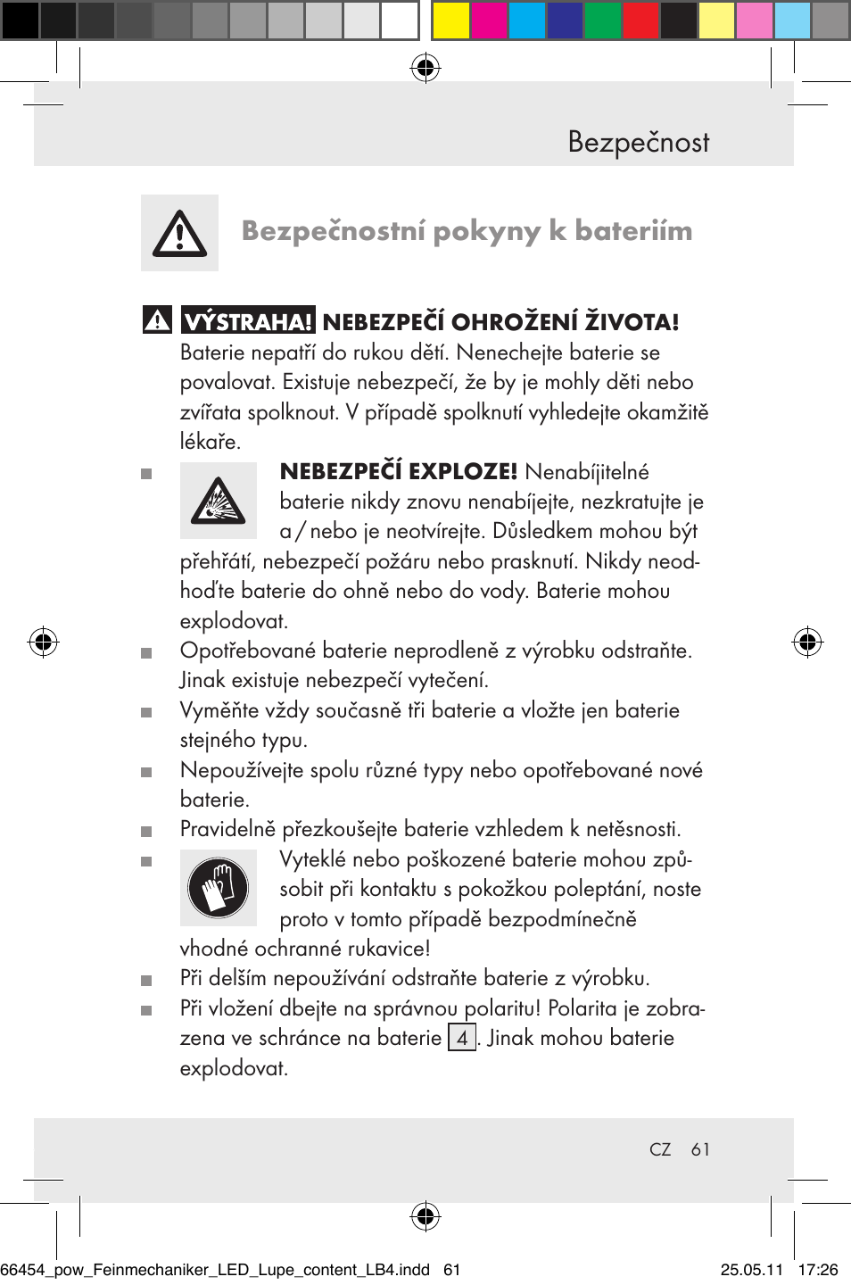 Bezpečnost, Bezpečnostní pokyny k bateriím | Powerfix Z30225 User Manual | Page 63 / 92