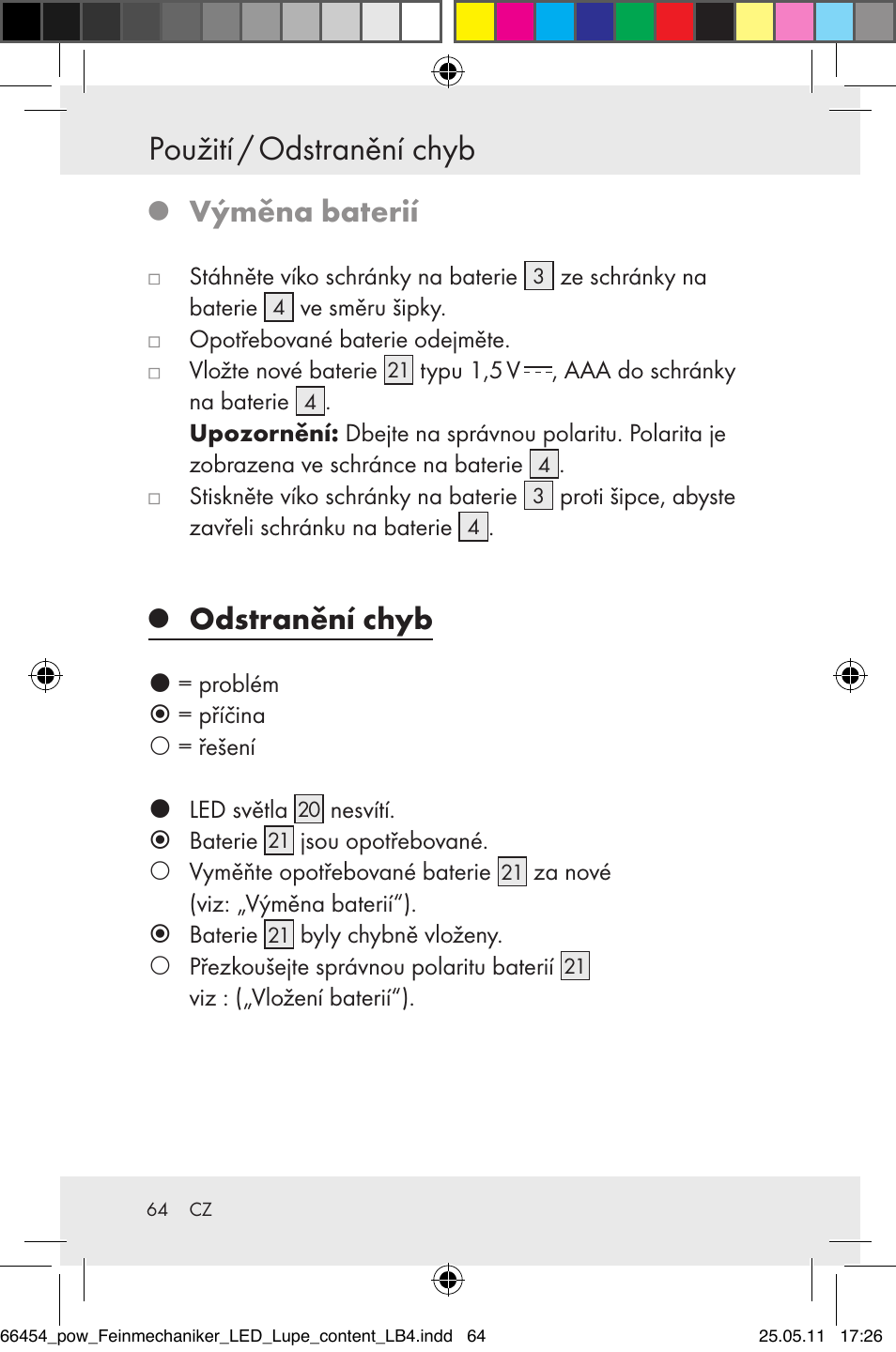 Použití / odstranění chyb, Výměna baterií, Odstranění chyb | Powerfix Z30225 User Manual | Page 66 / 92