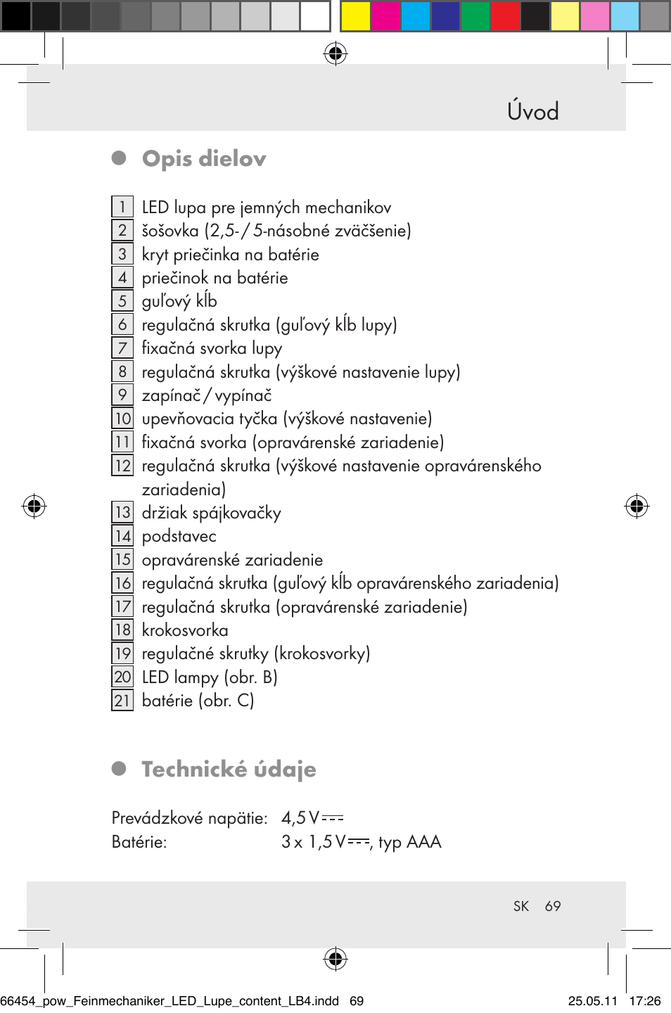 Úvod, Opis dielov, Technické údaje | Powerfix Z30225 User Manual | Page 71 / 92