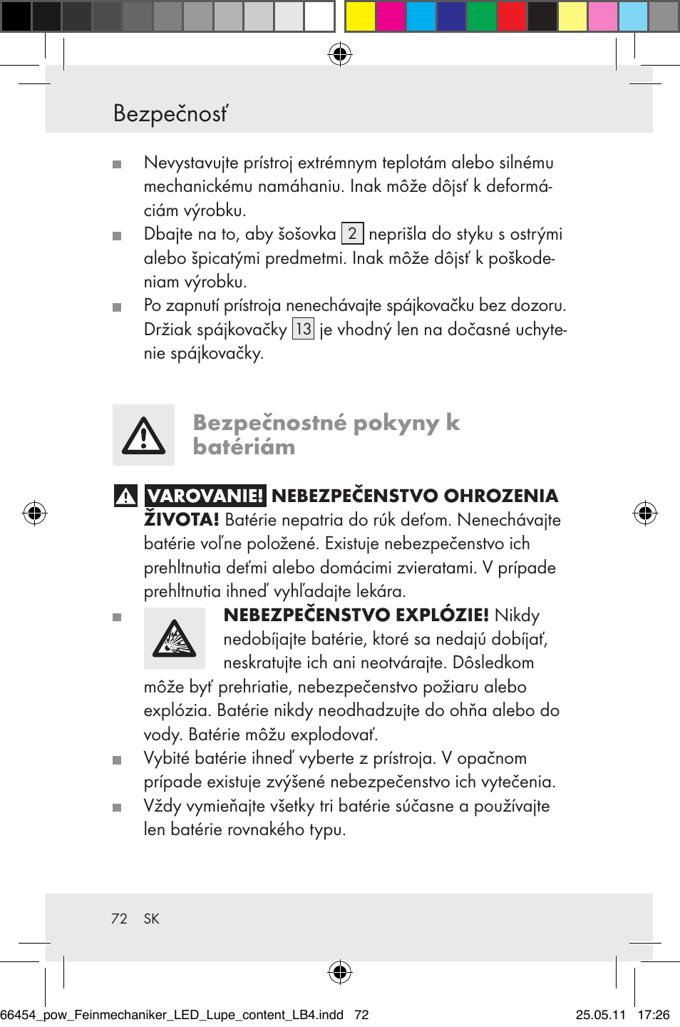 Bezpečnosť, Bezpečnostné pokyny k batériám | Powerfix Z30225 User Manual | Page 74 / 92