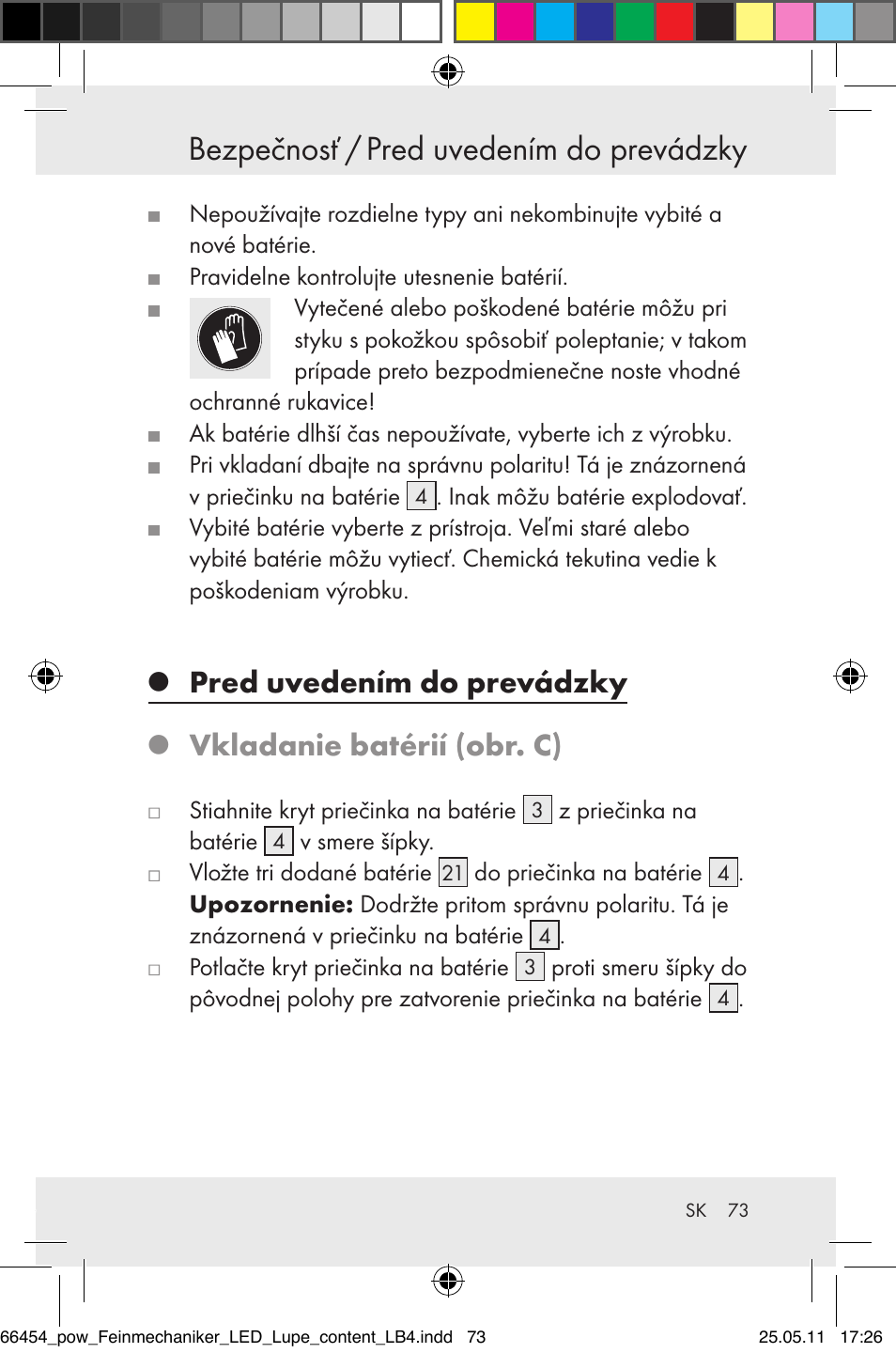 Bezpečnosť / pred uvedením do prevádzky, Pred uvedením do prevádzky, Vkladanie batérií (obr. c) | Powerfix Z30225 User Manual | Page 75 / 92