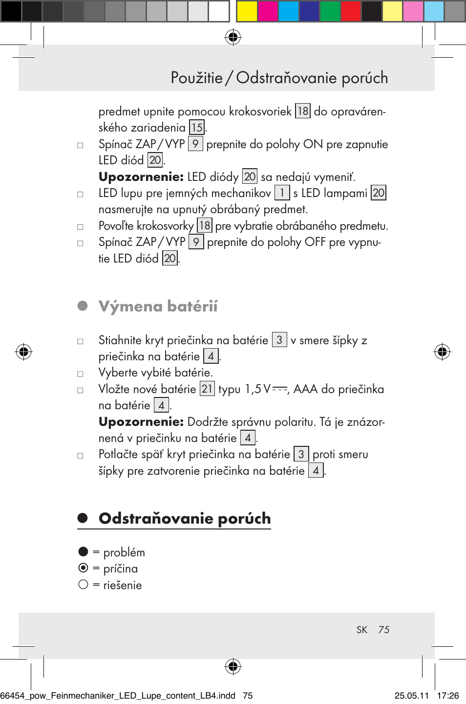 Použitie / odstraňovanie porúch, Výmena batérií, Odstraňovanie porúch | Powerfix Z30225 User Manual | Page 77 / 92