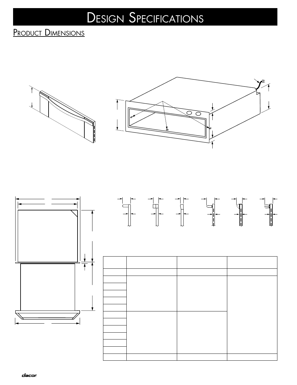 Esign, Pecifications, Roduct | Imensions | Dacor MW User Manual | Page 4 / 12