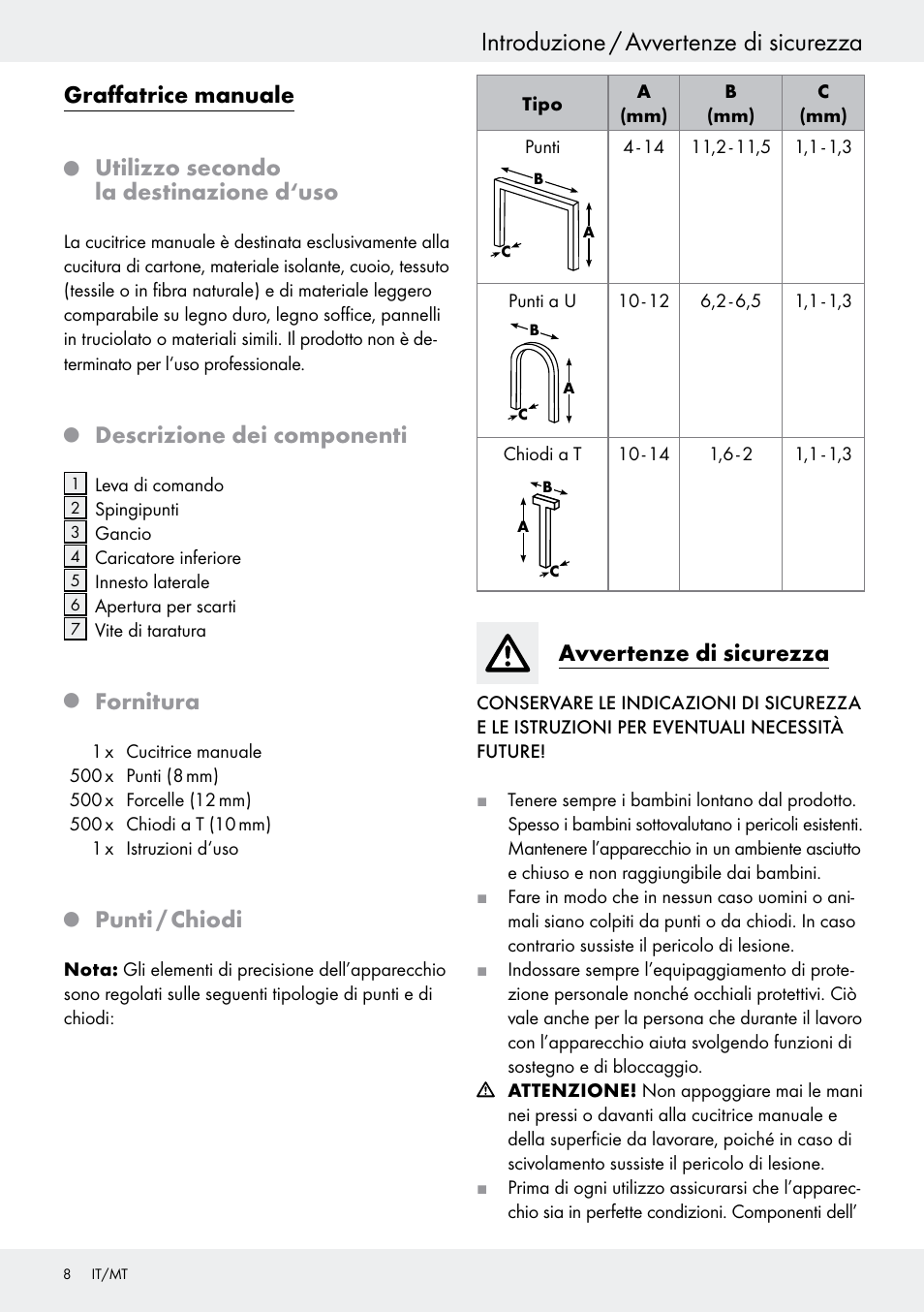Introduzione / avvertenze di sicurezza, Graffatrice manuale, Utilizzo secondo la destinazione d‘uso | Descrizione dei componenti, Fornitura, Punti / chiodi, Avvertenze di sicurezza | Powerfix  Z16531 User Manual | Page 10 / 21