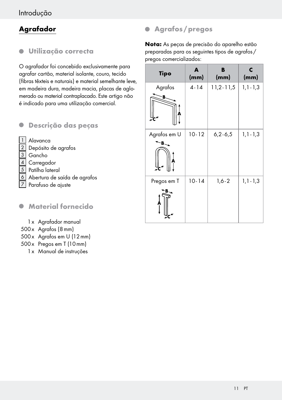 Introdução, Agrafador, Utilização correcta | Descrição das peças, Material fornecido, Agrafos / pregos | Powerfix  Z16531 User Manual | Page 13 / 21