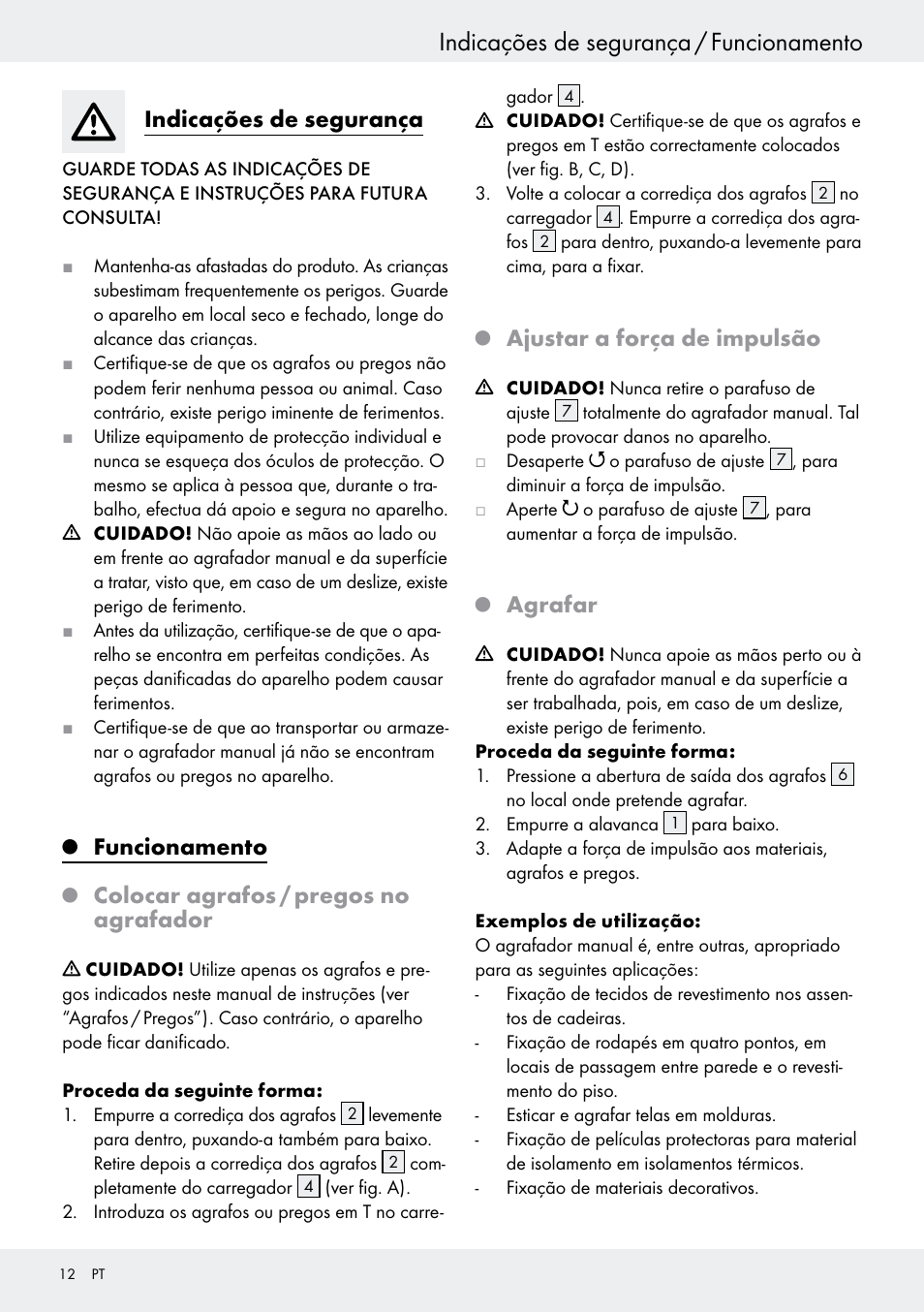 Indicações de segurança / funcionamento, Indicações de segurança, Funcionamento | Colocar agrafos / pregos no agrafador, Ajustar a força de impulsão, Agrafar | Powerfix  Z16531 User Manual | Page 14 / 21