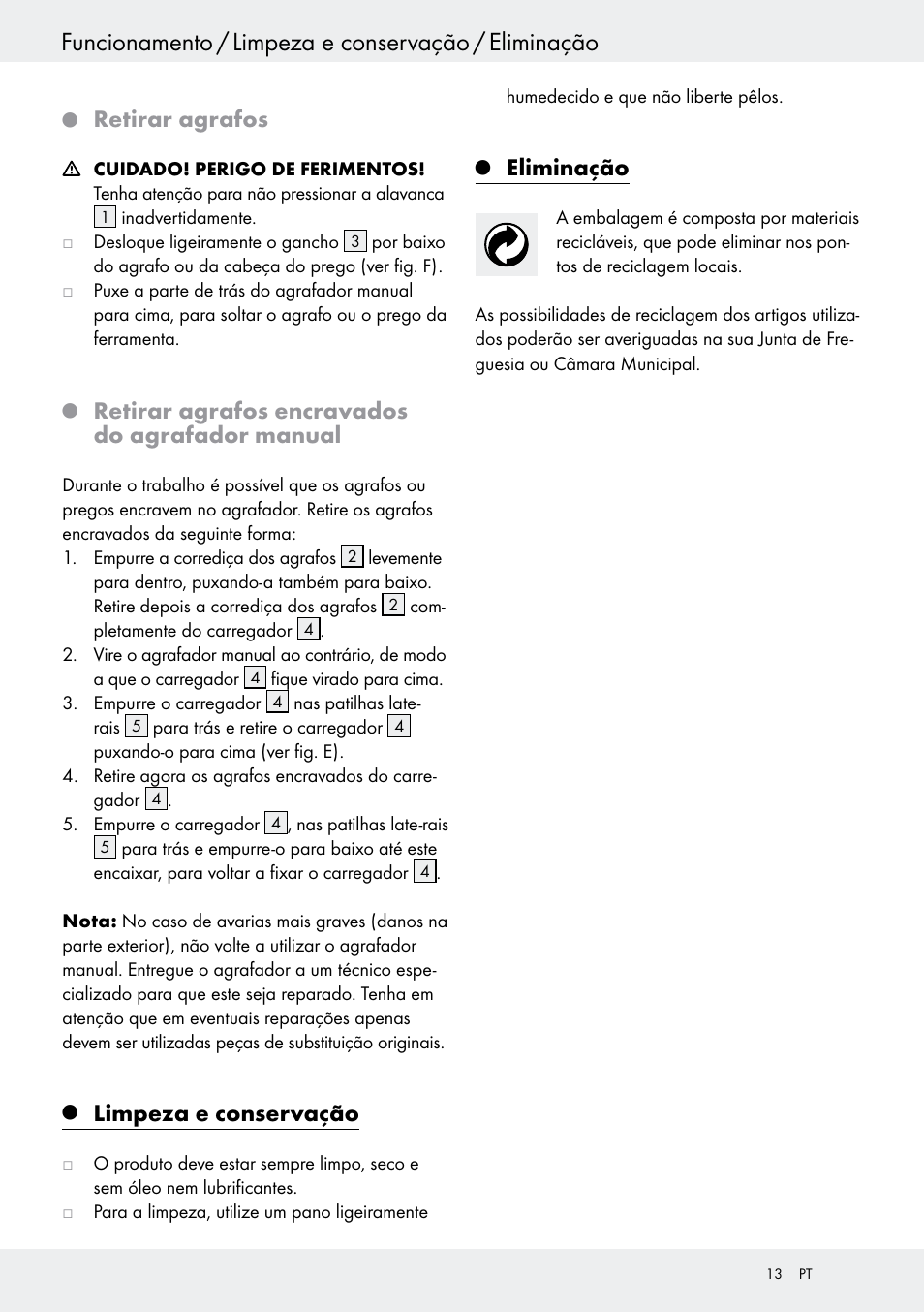 Funcionamento / limpeza e conservação / eliminação, Retirar agrafos, Retirar agrafos encravados do agrafador manual | Limpeza e conservação, Eliminação | Powerfix  Z16531 User Manual | Page 15 / 21