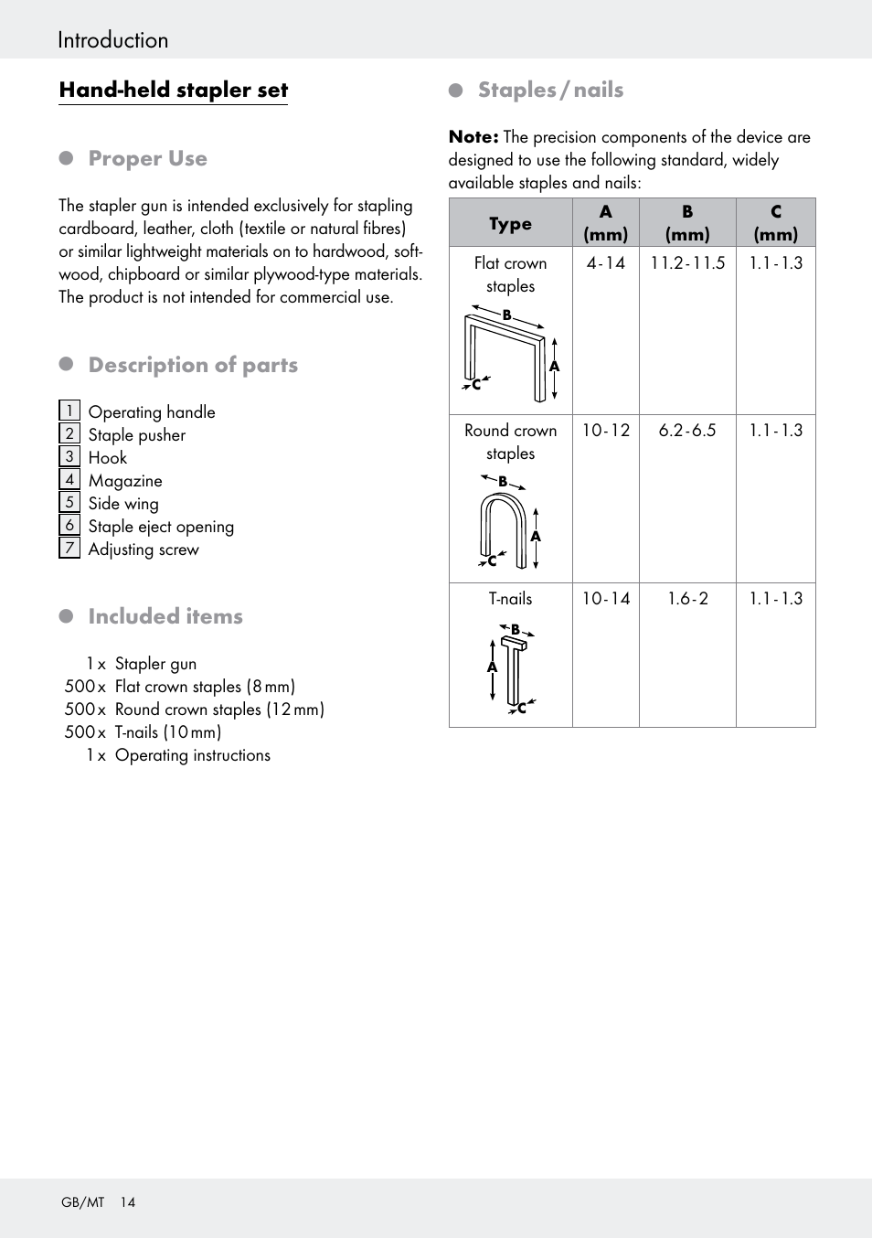 Introduction, Hand-held stapler set, Proper use | Description of parts, Included items, Staples / nails | Powerfix  Z16531 User Manual | Page 16 / 21