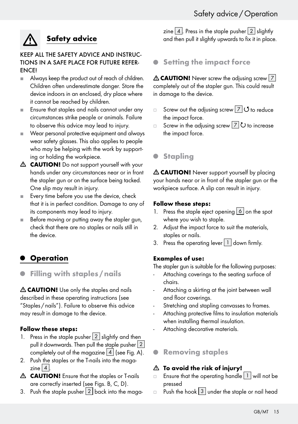 Safety advice / operation, Safety advice, Operation | Filling with staples / nails, Setting the impact force, Stapling, Removing staples | Powerfix  Z16531 User Manual | Page 17 / 21